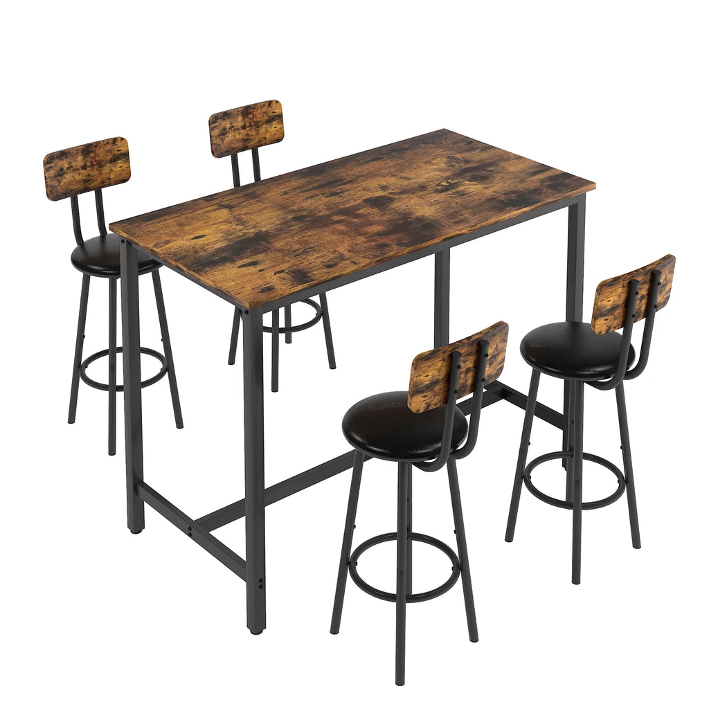 5 Piece Bar Table Set, Modern Counter Height Dining Set, Home Dining Table and Chairs Set for 4, Kitchen Breakfast Table Set with 4 Cushioned Stools, Bistro Pub Table Set, Rustic Brown