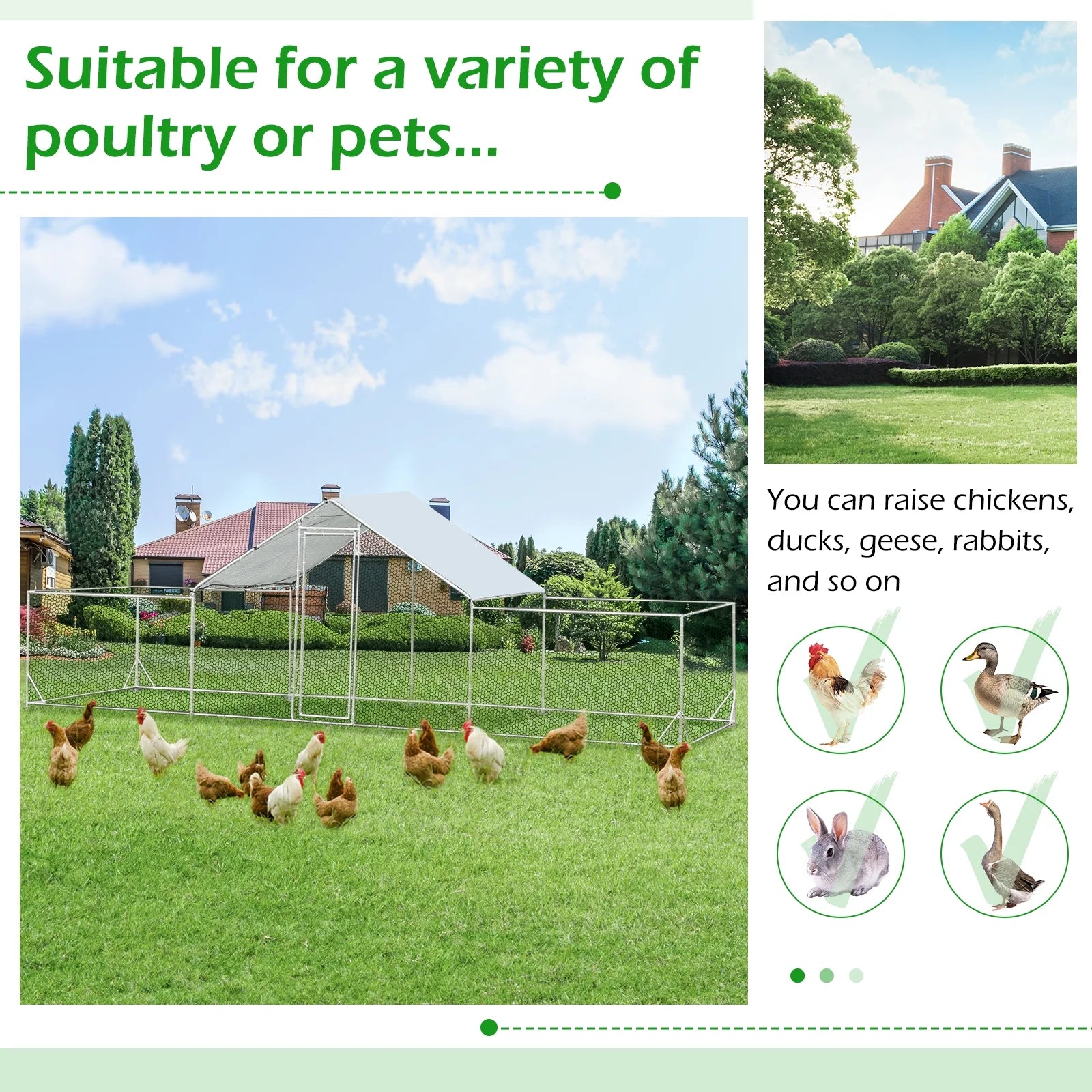 YODOLLA 148 Sq.Ft Chicken Coop Run Large Dome Walk-in Metal Chicken Cage with Chain Link Fence, Suitable for 10 More Chickens and Poultry Like Ducks, Rabbites, Dogs