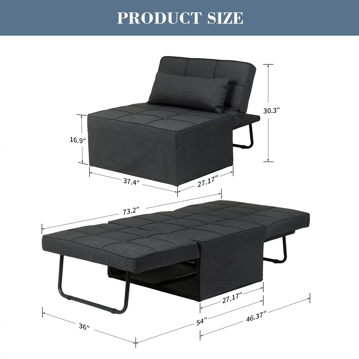 Ainfox Ottoman Chair Lounger Bed .4 in 1 Breathable Linen Convertible Single Sofa Couch, 73.23''L x 33.86''W(Dark Blue)
