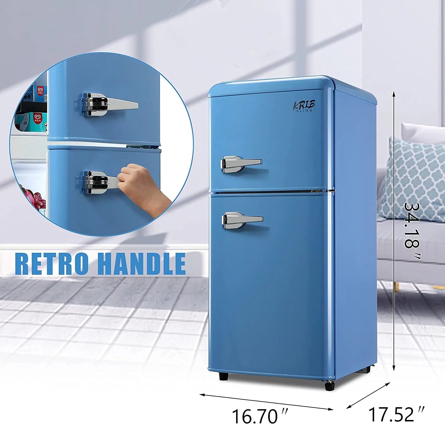 Krib Bling 3.5 cu.ft Compact Refrigerator, Retro Mini Fridge with Freezer, Small Drink Chiller with 2 Door, Blue