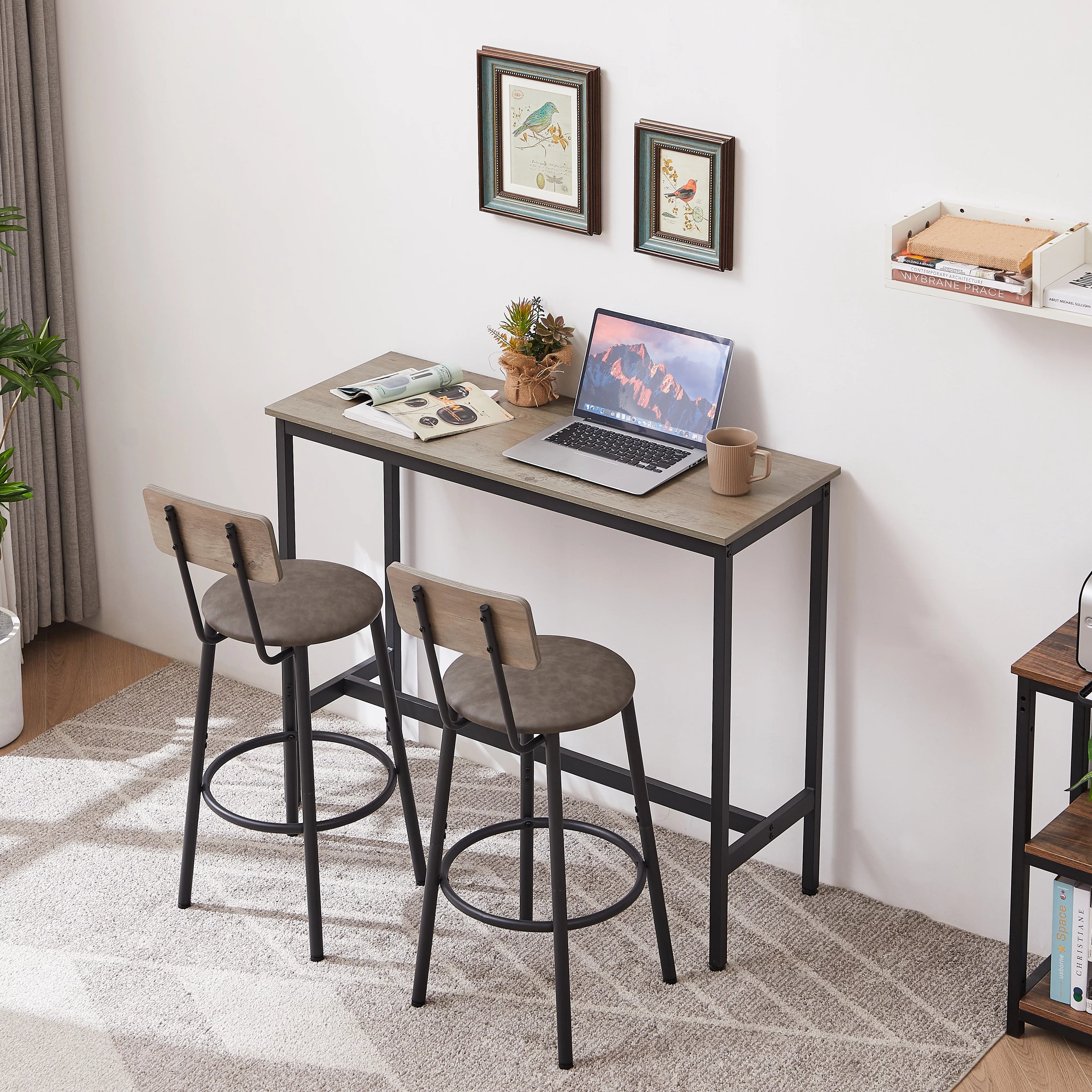 5 Piece Bar Table Set, Modern Counter Height Dining Set, Home Dining Table and Chairs Set for 4, Kitchen Breakfast Table Set with 4 Cushioned Stools, Bistro Pub Table Set, Rustic Brown
