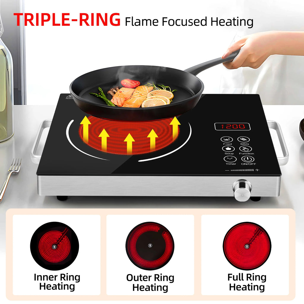 Electric Infrared Induction Cooktop Stove,Power range from 100W to 3500W,Compatible with All Cookware,Heat-Up In 5S with Cooking Timer,LED Screen,One-piece Panel for Easy Cleaning