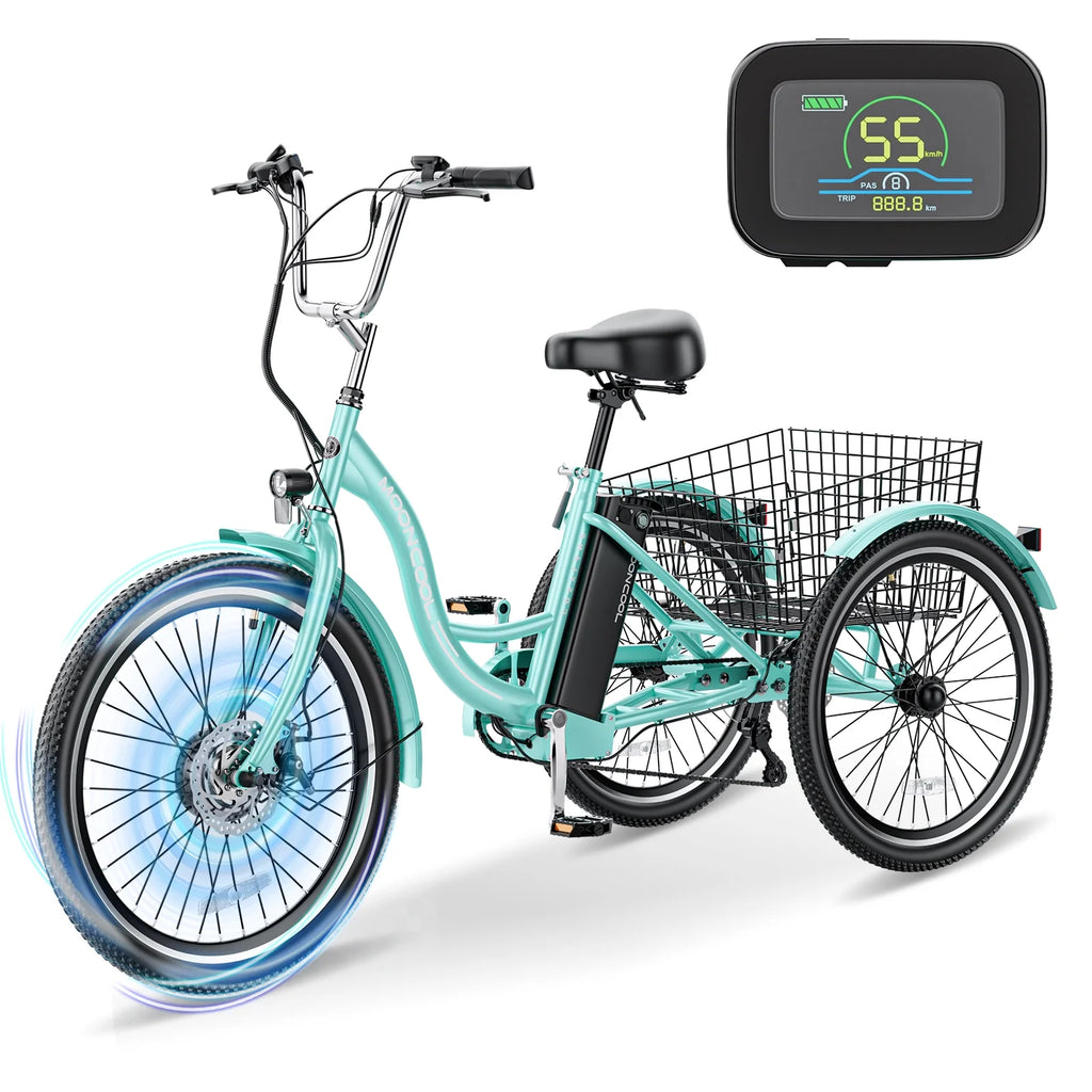 Mooncool 24" 26" 3 Wheel Electric Tricycle for Adults, 350W 36V 7 Speeds Motorized Electric Trike Three Wheel Electric Bikes Bicycle with Large Basket & Accessories for Women Men