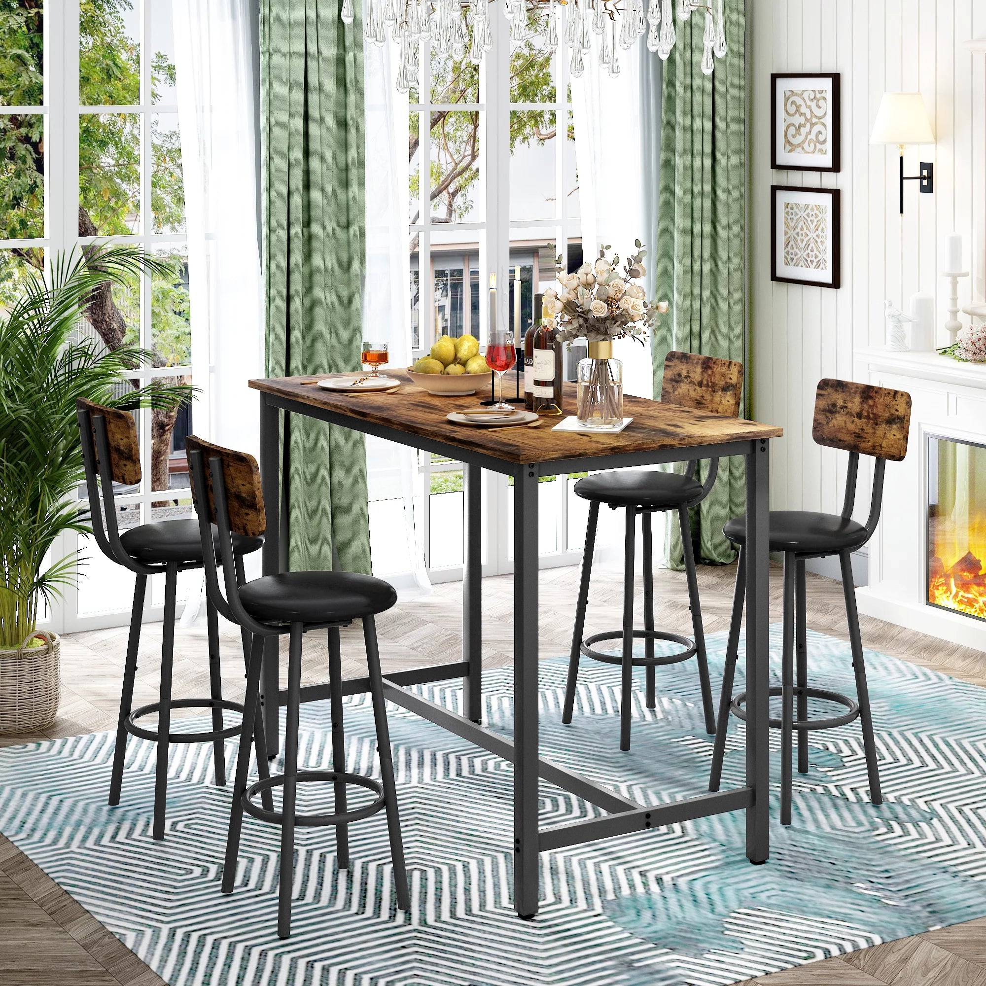 5 Piece Bar Table Set, Modern Counter Height Dining Set, Home Dining Table and Chairs Set for 4, Kitchen Breakfast Table Set with 4 Cushioned Stools, Bistro Pub Table Set, Rustic Brown
