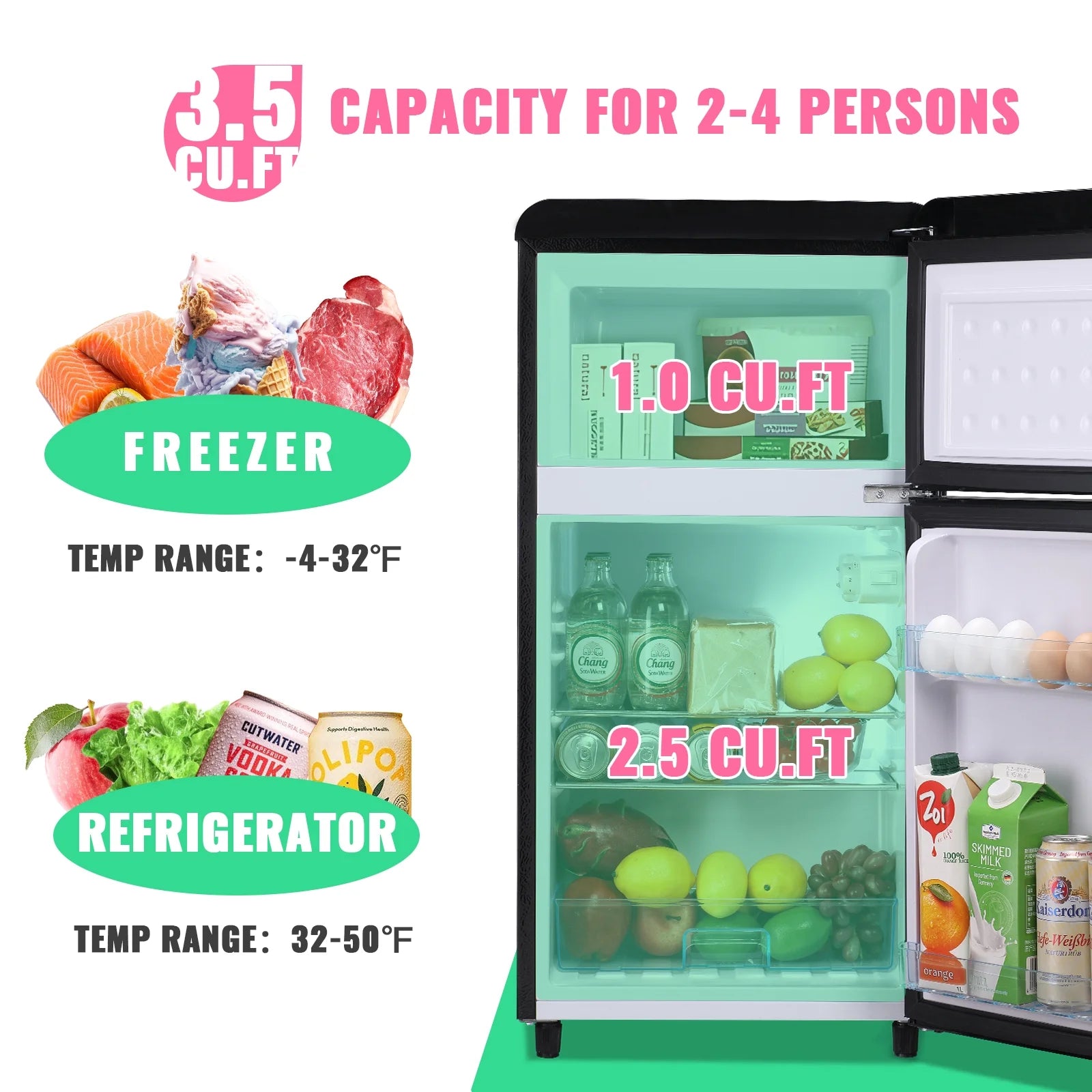 DEMULLER 3.5 CU.FT Mini Fridge 2 Door Compact Refrigerator  7 Adjustable Temperature Control White