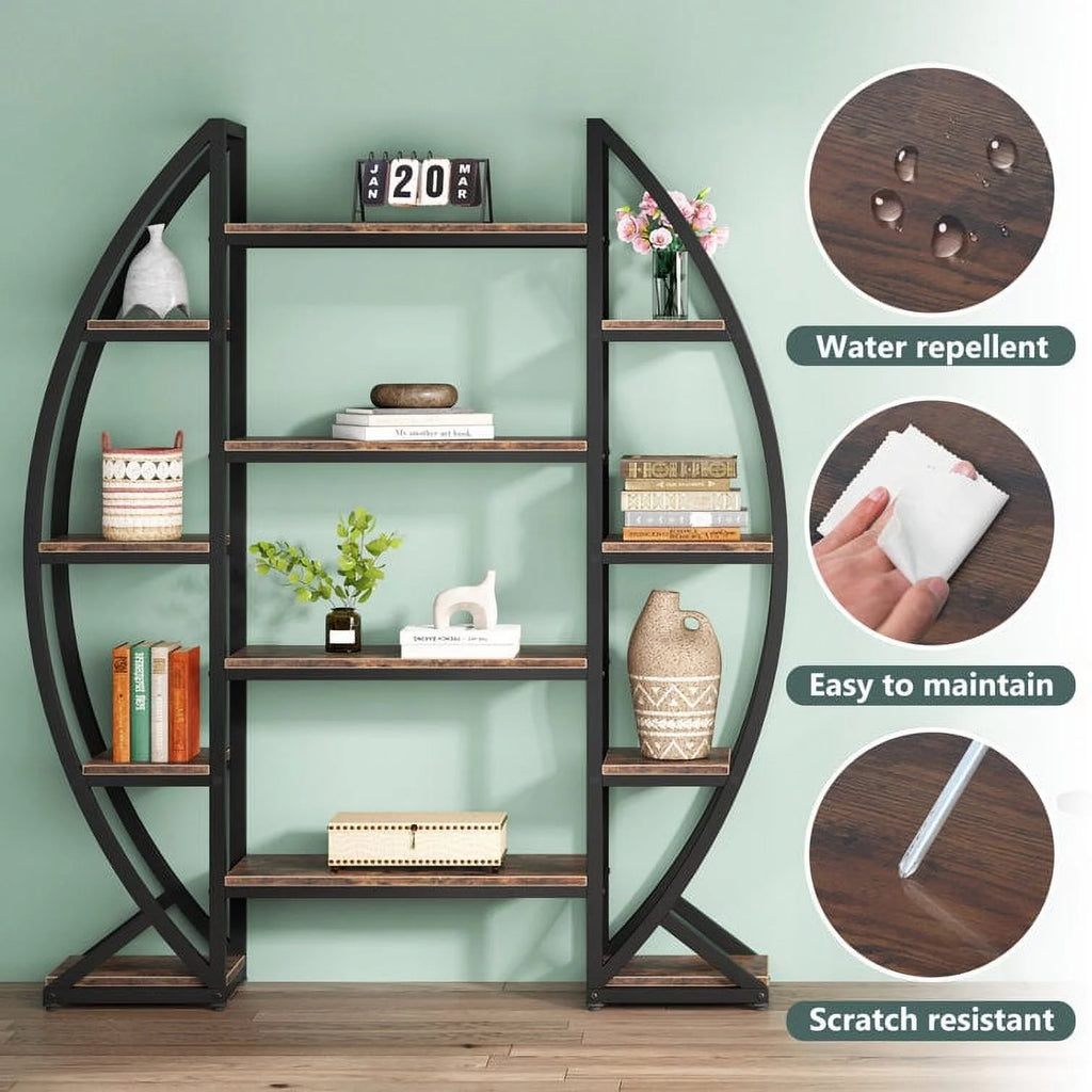 Tribesigns Bookshelf, Oval Triple Wide 5 Tiers Etagere Bookcases, Industrial Display Shelves for Living Room, Rustic Brown