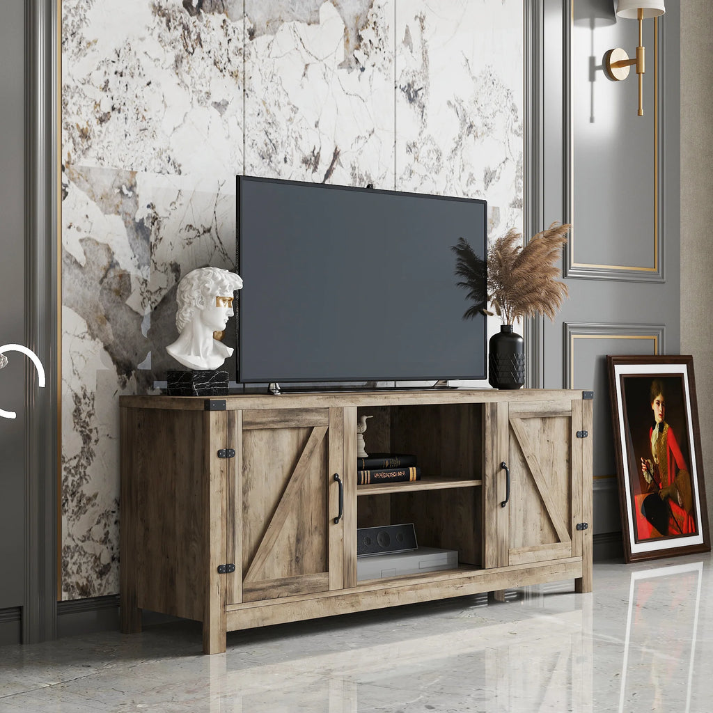 Vebreda Modern Farmhouse TV Stand Rustic Barn Two-Door TV Cabinet for TVs up to 65", Gray Wash