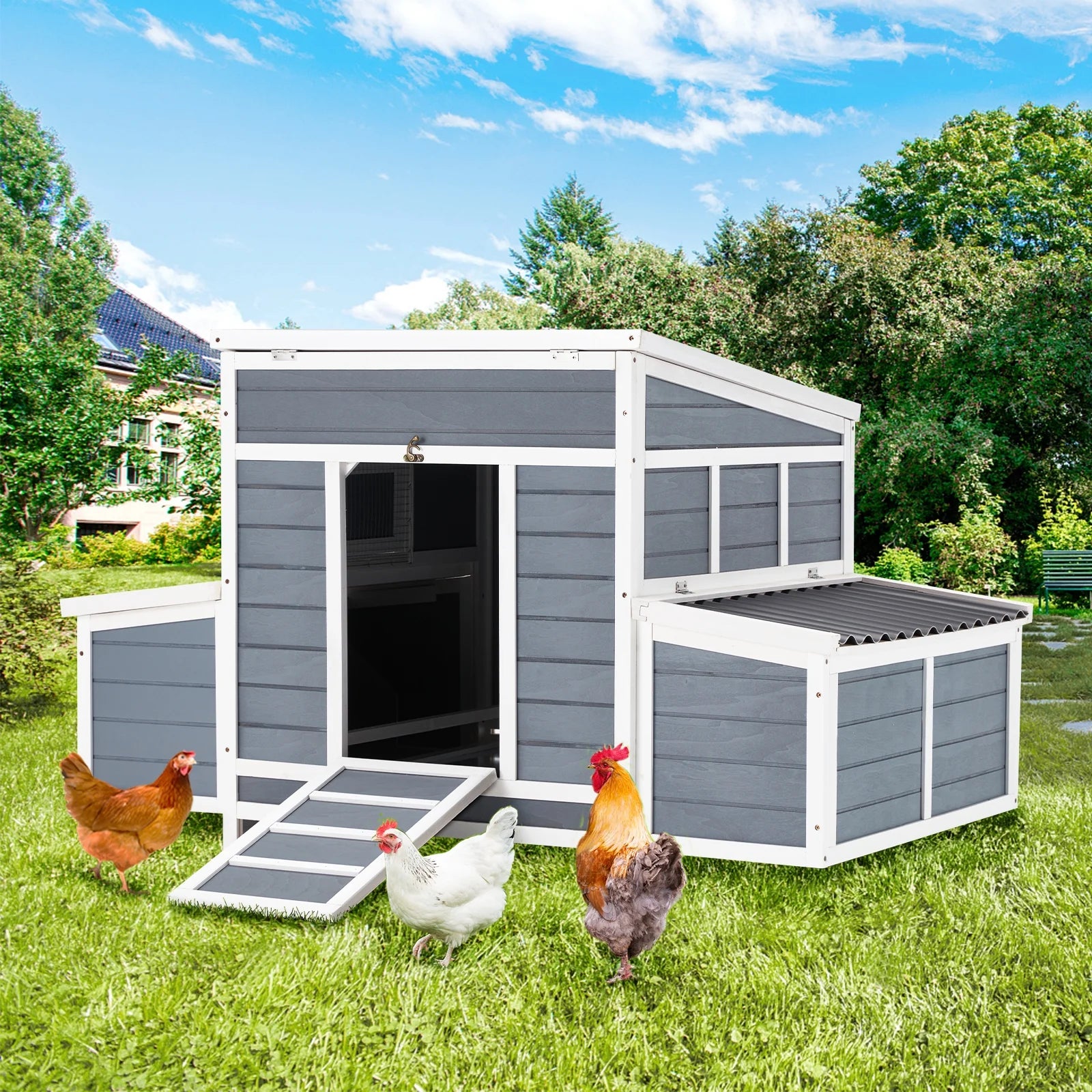 AECOJOY 56 Large Chicken Coop with 6 Nesting Boxes Wooden Hen House Outdoor Chicken Cage Poultry Hutch w/Ramps, Removable Tray for Easy Cleaning