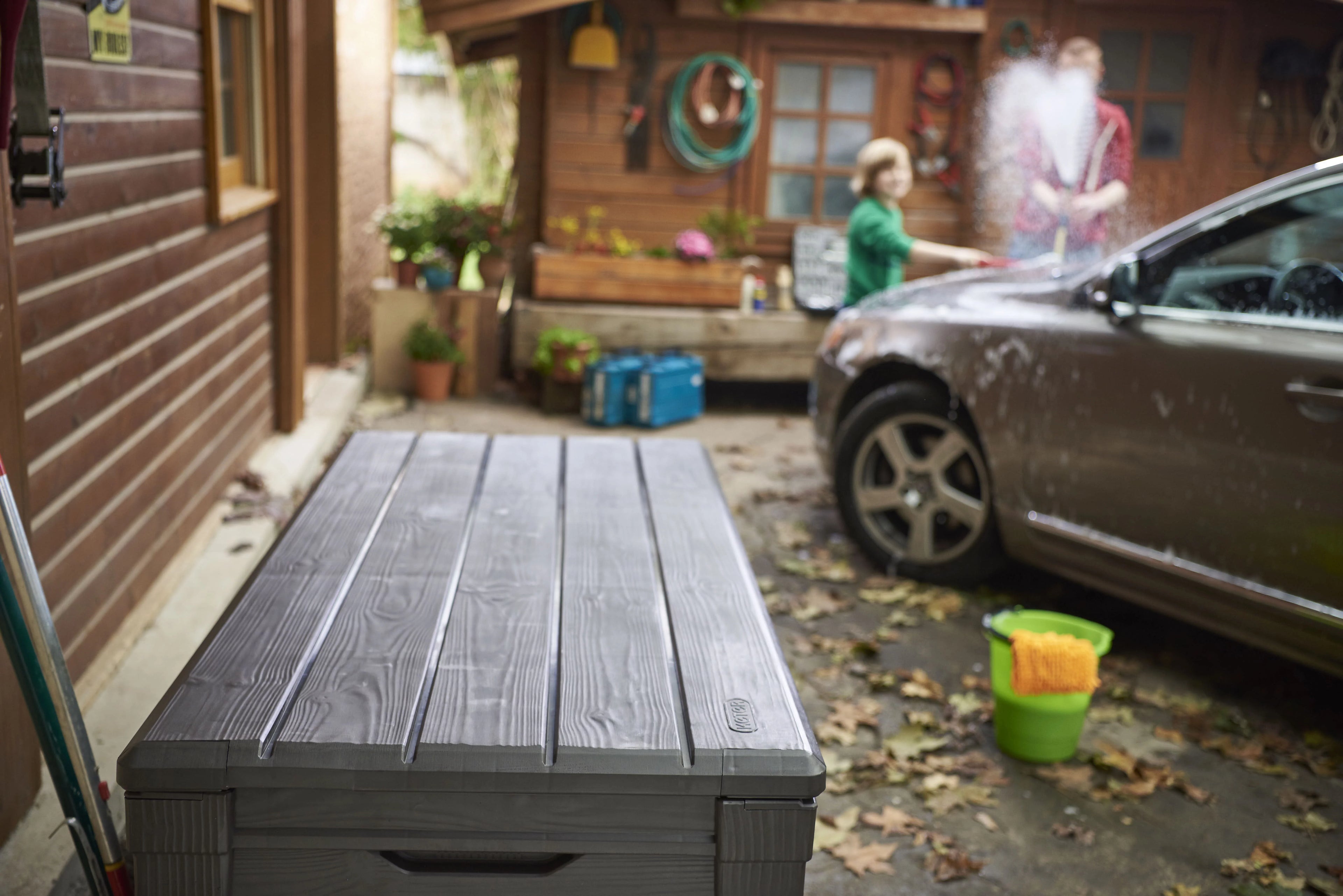 Keter Brightwood Outdoor Plastic Deck Box, All-Weather Resin Storage, 120 Gal, Anthracite Gray