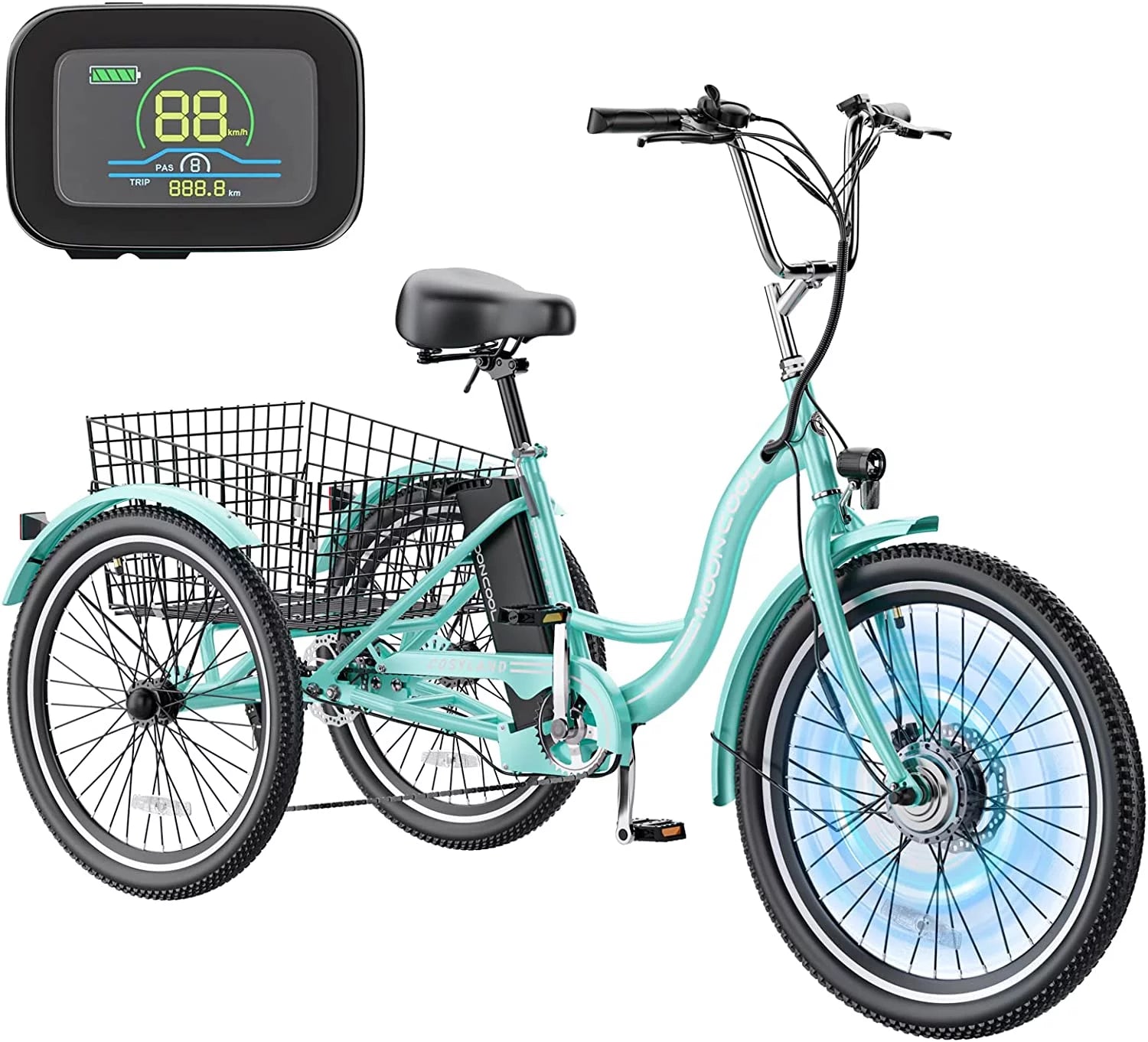 Mooncool 24" 26" 3 Wheel Electric Tricycle for Adults, 350W 36V 7 Speeds Motorized Electric Trike Three Wheel Electric Bikes Bicycle with Large Basket & Accessories for Women Men