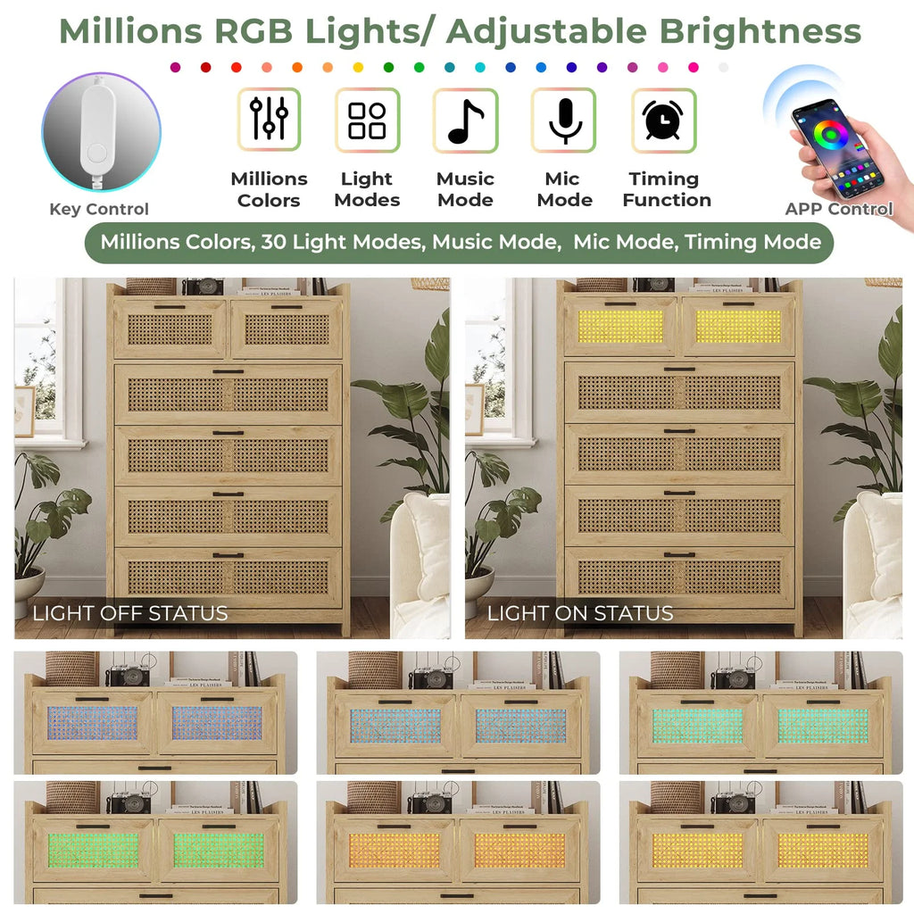 7 Drawer Dressers with LED Light, Natural Rattan Dresser for Bedroom, Hallway, Entryway