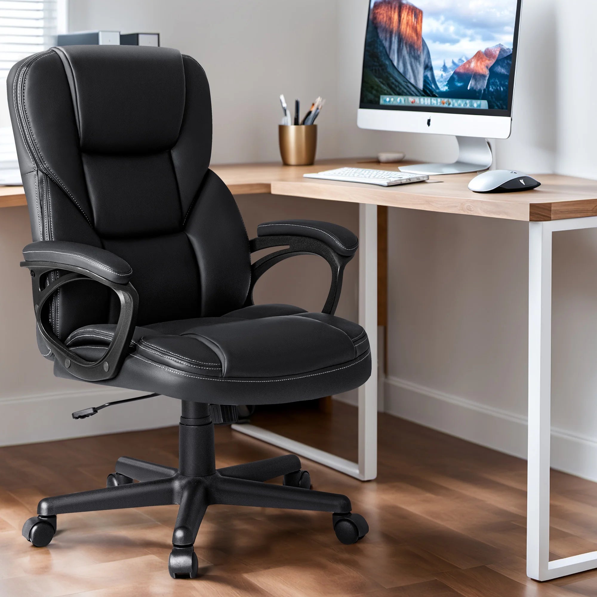 Furmax High-back Executive Office Chair With Lumbar Support Height Adjustable Swivel Seat PU Leather, Black
