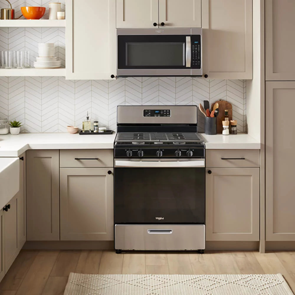 WFG505M0MS Whirlpool 30" 5.1 cu ft 5 Burners Gas Range in Stainless Steel.dimensions of 29” width, 27.2” depth, and 46.25” height