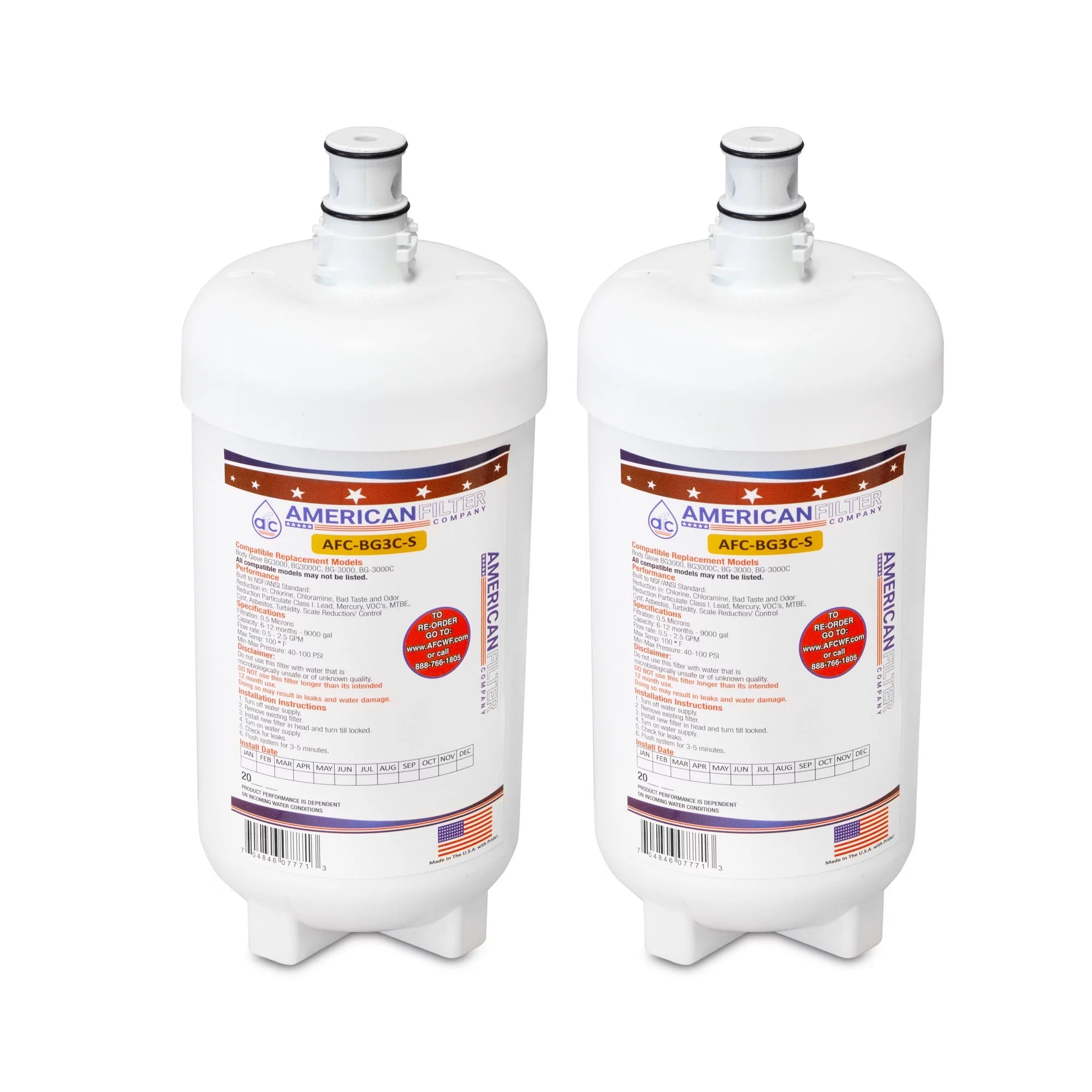 AFC Brand , Water Filter , Model # AFC-BG3C-S , Compatible with Body Glove® BG-3000C - 2 Pack - Made in U.S.A.