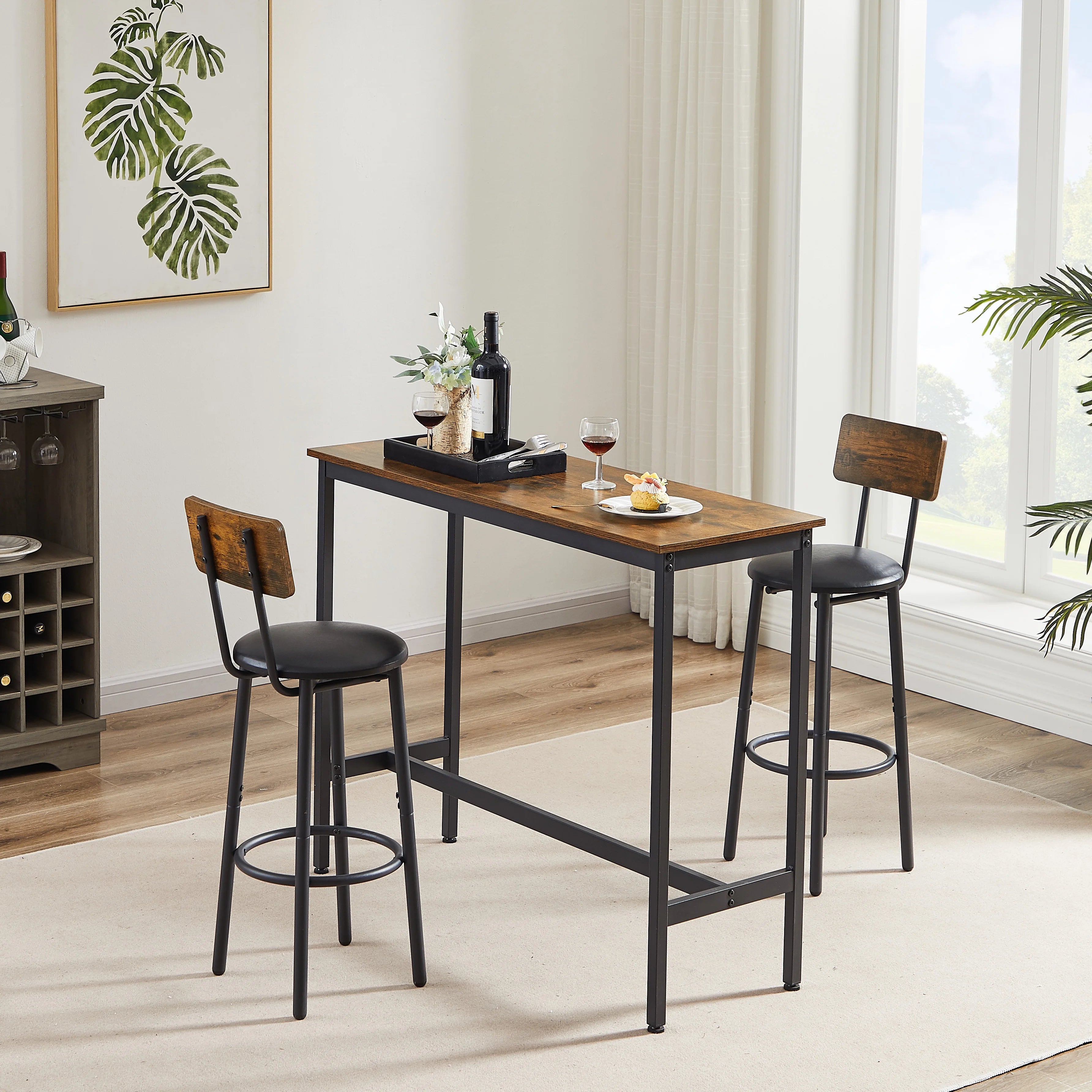 5 Piece Bar Table Set, Modern Counter Height Dining Set, Home Dining Table and Chairs Set for 4, Kitchen Breakfast Table Set with 4 Cushioned Stools, Bistro Pub Table Set, Rustic Brown