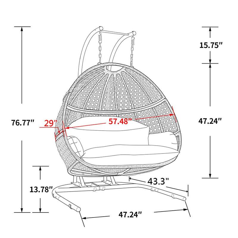 Black Wicker Round Shaped Patio Swing Outdoor Patio Egg Lounge Chair Swing 2 Person with Navy Cushion