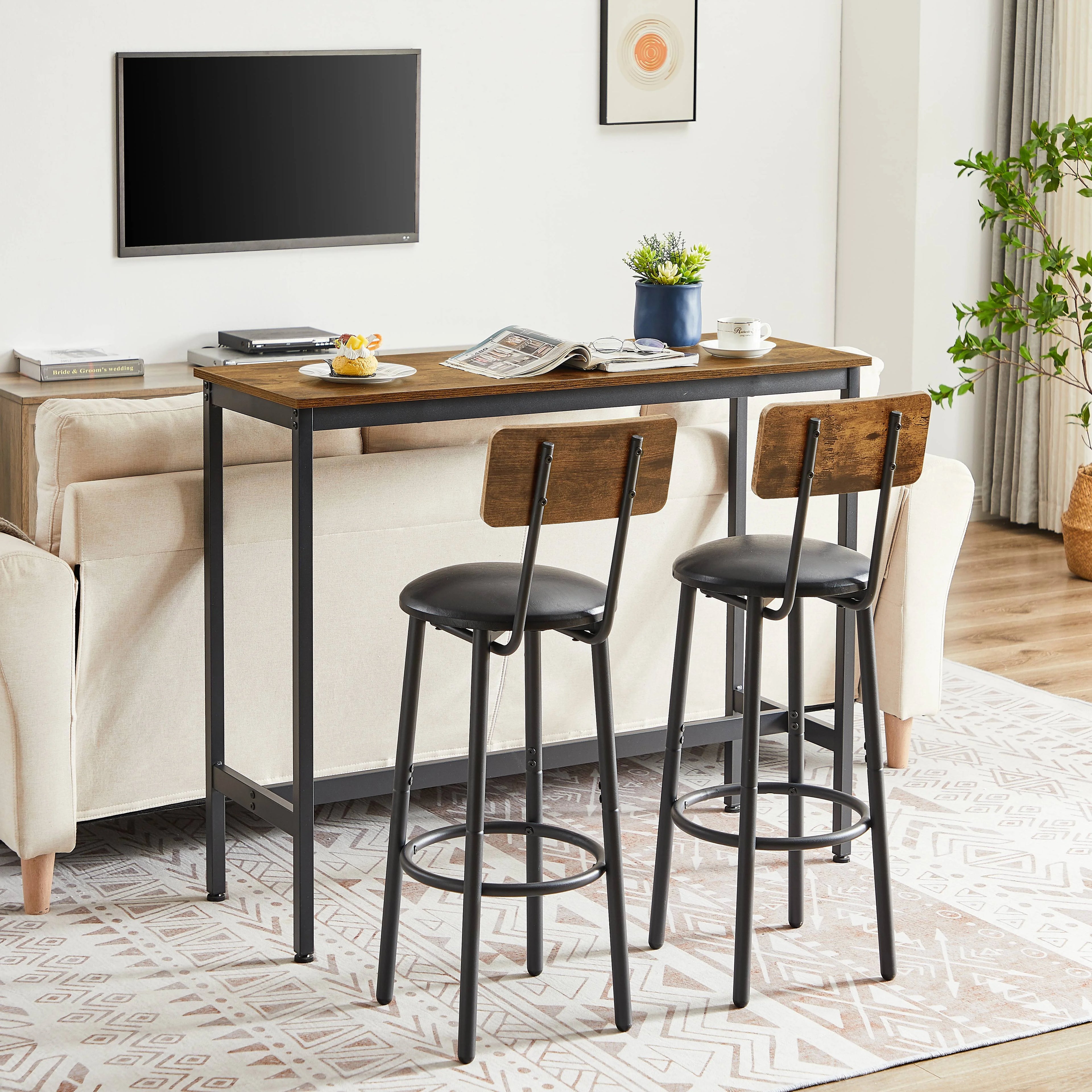 5 Piece Bar Table Set, Modern Counter Height Dining Set, Home Dining Table and Chairs Set for 4, Kitchen Breakfast Table Set with 4 Cushioned Stools, Bistro Pub Table Set, Rustic Brown
