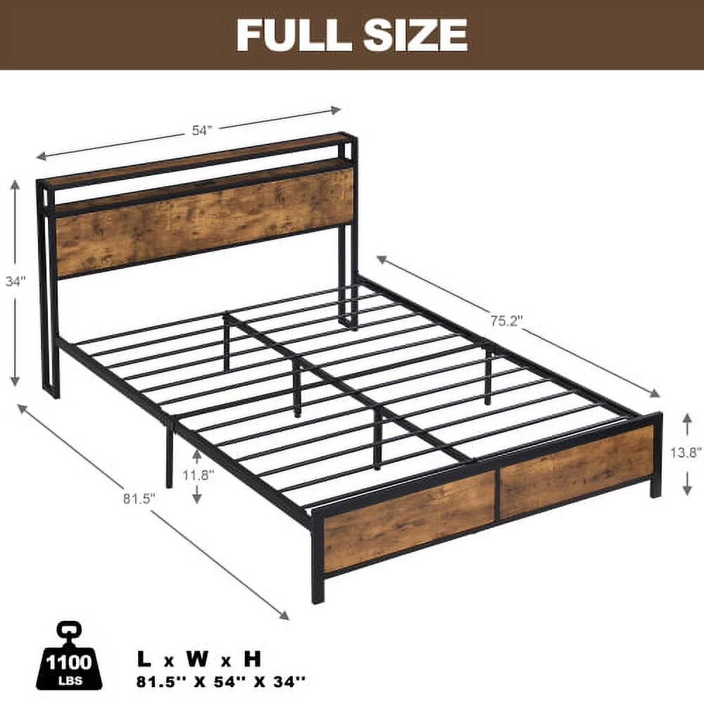 Full Bed Frame with LED Lights,Full Size Bed Frame with Headboard Storage,Platform Bed Frame with Outlets and 2 USB Ports,Metal Bed Frame with Storage,Noise Free,No Box Spring Needed,Antique Brown