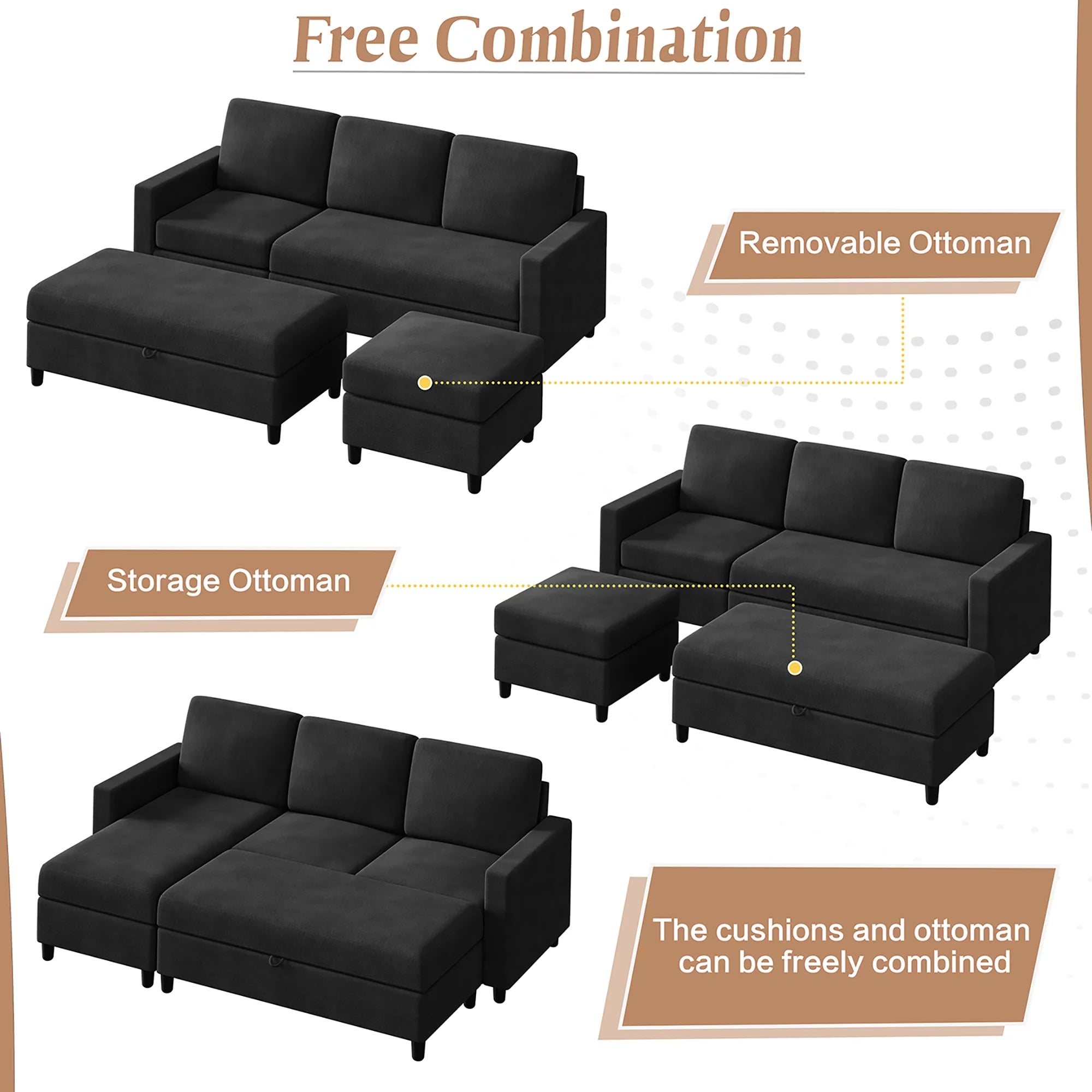 Walsunny Linen Fabric Convertible L-Shaped Sectional Sofa(Dark Gray)