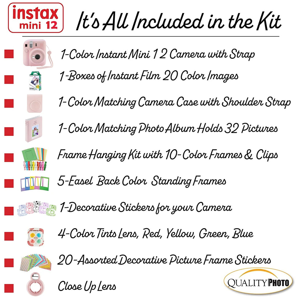 Fujifilm Instax Mini 12 Instant Camera with Case, 20 Fuji Films, Decoration Stickers, Frames, Photo Album and More Accessory kit (Blossom Pink)