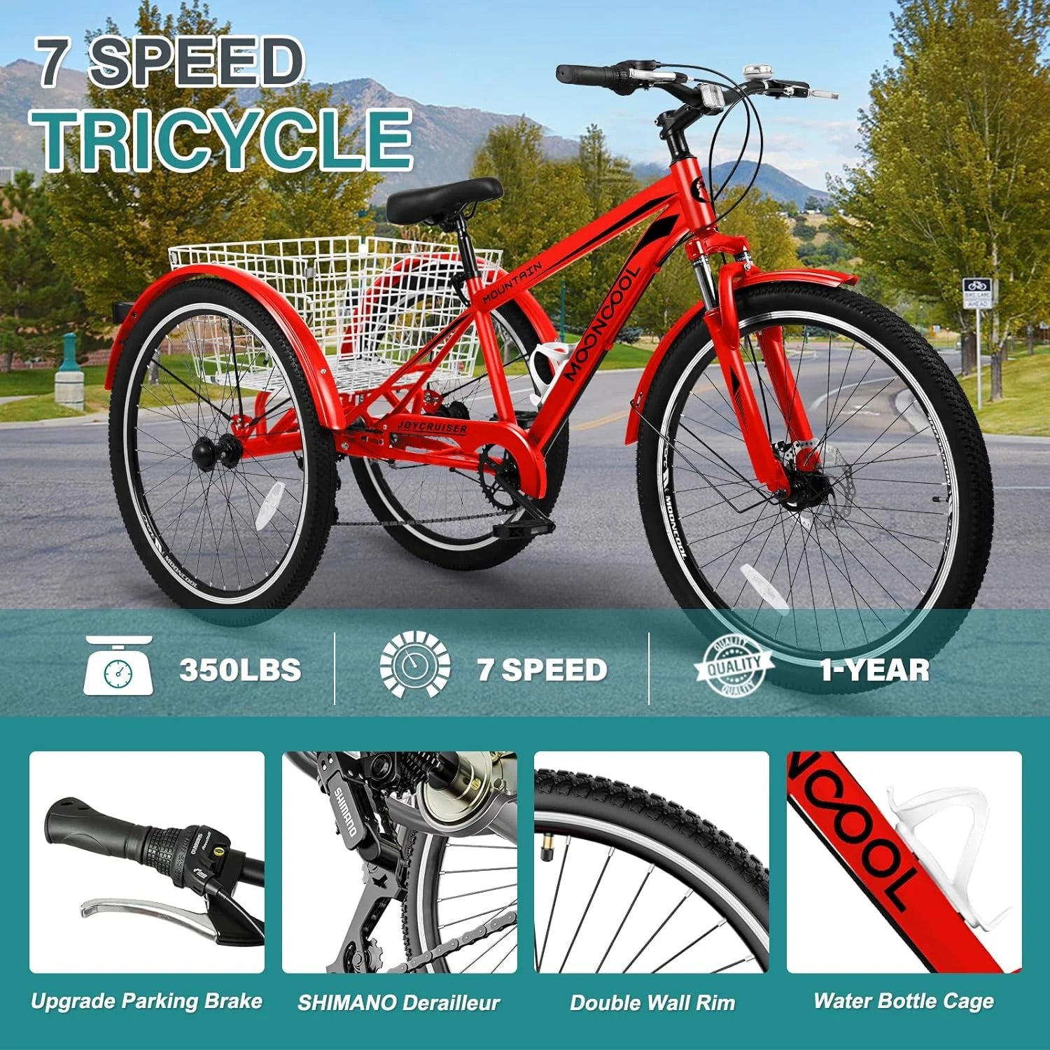 Mooncool Adult Mountain Tricycle, 7 Speed Three Wheel Bike, 24/26/27.5 Inch Adults Trikes for Seniors with Shopping Basket, Exercise Men's Women's Tricycles