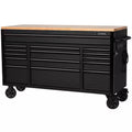 61 in. W x 23 in. D Heavy Duty 15-Drawer Mobile Workbench Tool Chest with Solid Wood Top in Matte Black