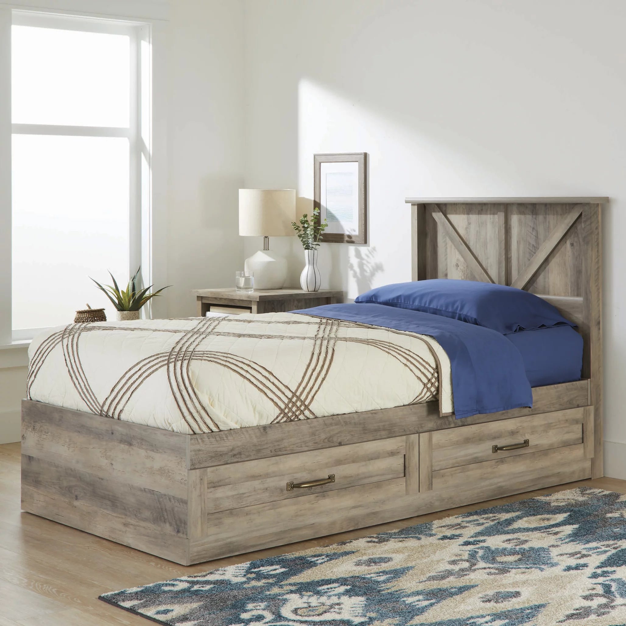 Better Homes & Gardens Modern Farmhouse Platform 2-Drawer Storage Bed, Twin, Rustic Gray