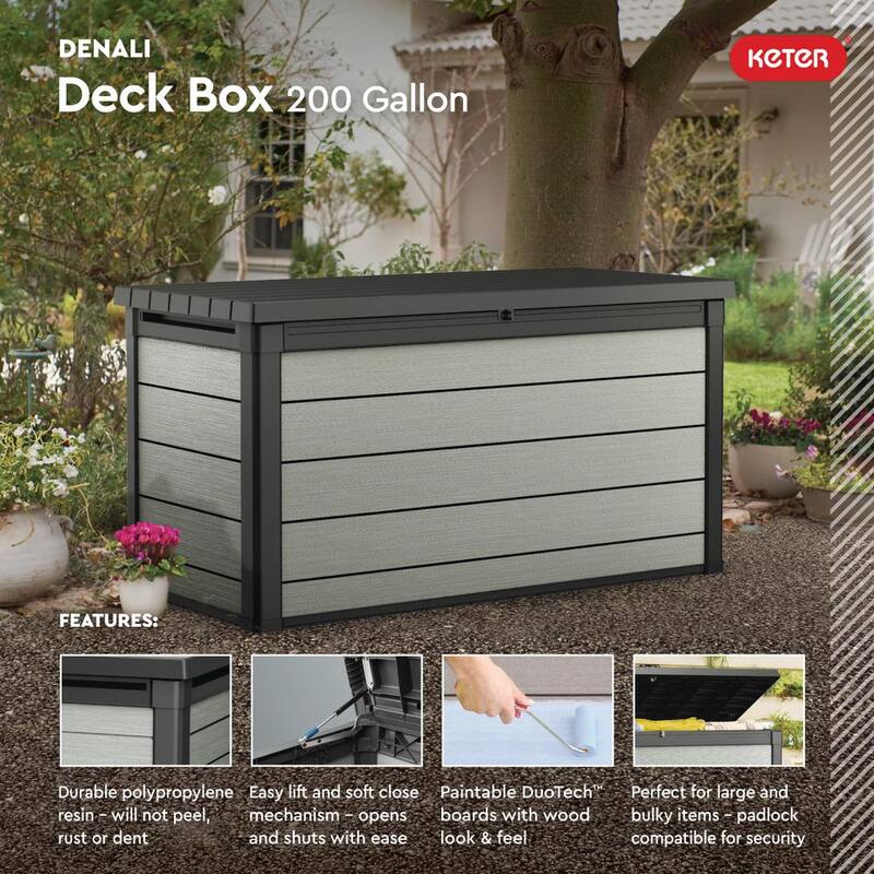 Denali 200 Gal. Large Durable Resin Plastic Deck Box Outdoor Storage For Patio Lawn and Garden, Grey