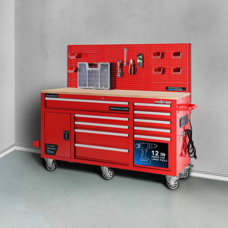 Heavy-Duty 62 in. 10-Drawer Red Tool Chest Mobile Workbench Cabinet with Pegboard Back Wall
