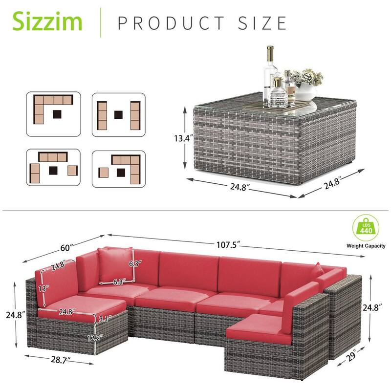 7-Piece Brown Wicker Outdoor Sectional Set with Red Cushions and Coffee Table