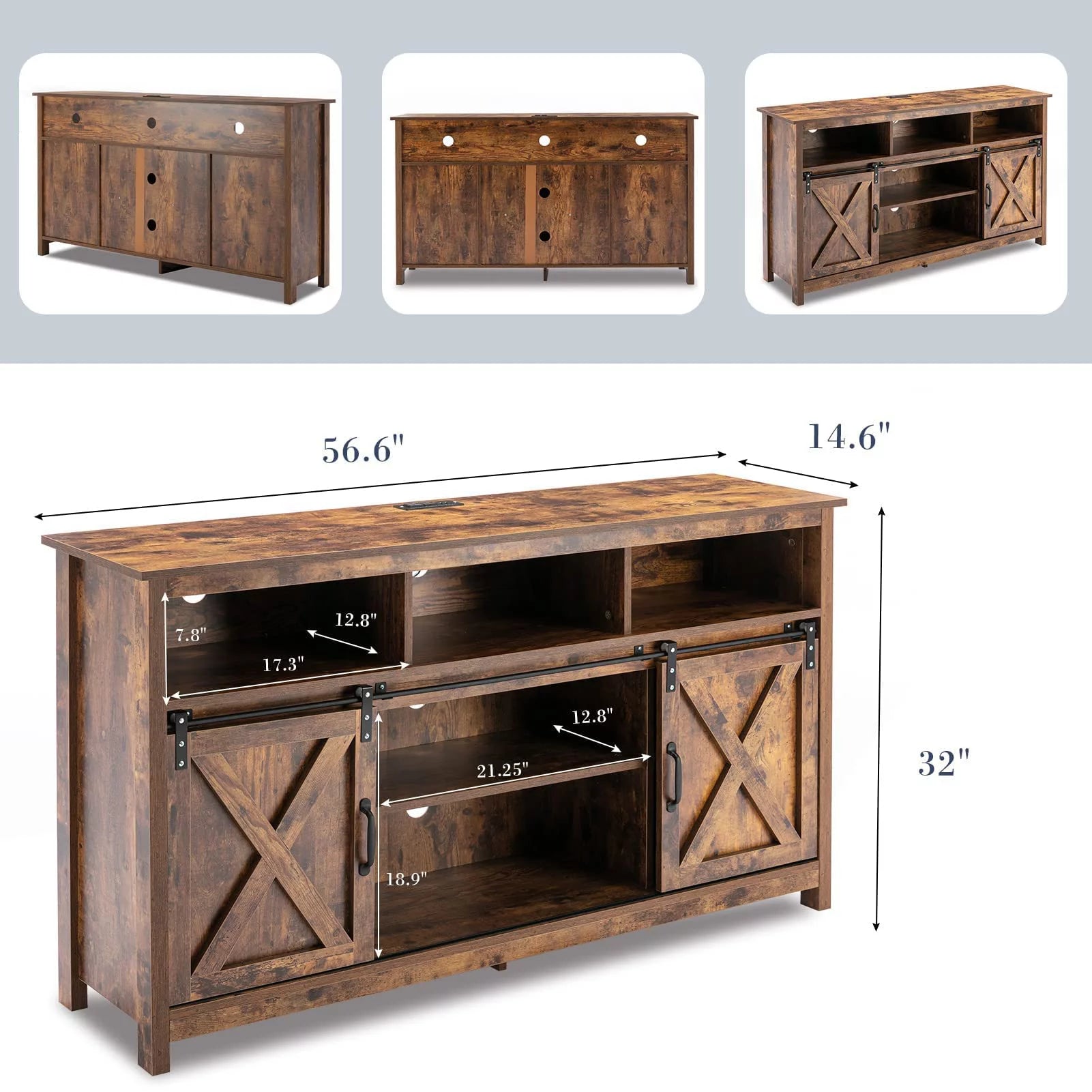 4 Layer Farmhouse Coffee Bar Cabinet With Power Outlet & LED Light, 57" Barn Door Buffet Cabinet Kitchen Storage With Adjustable Shelves(Brown)