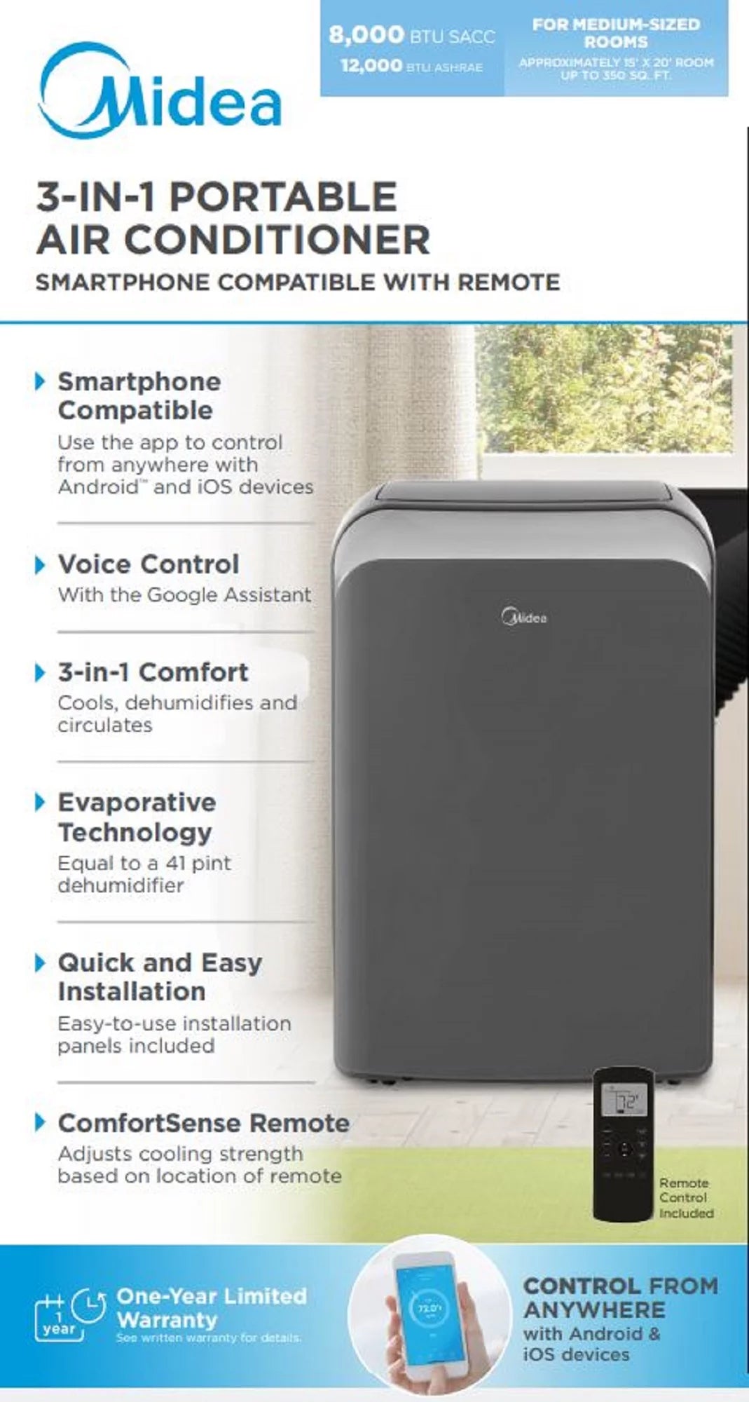 Midea 8,000 BTU (12,000 BTU ASHRAE) 115V Smart Portable Air Conditioner