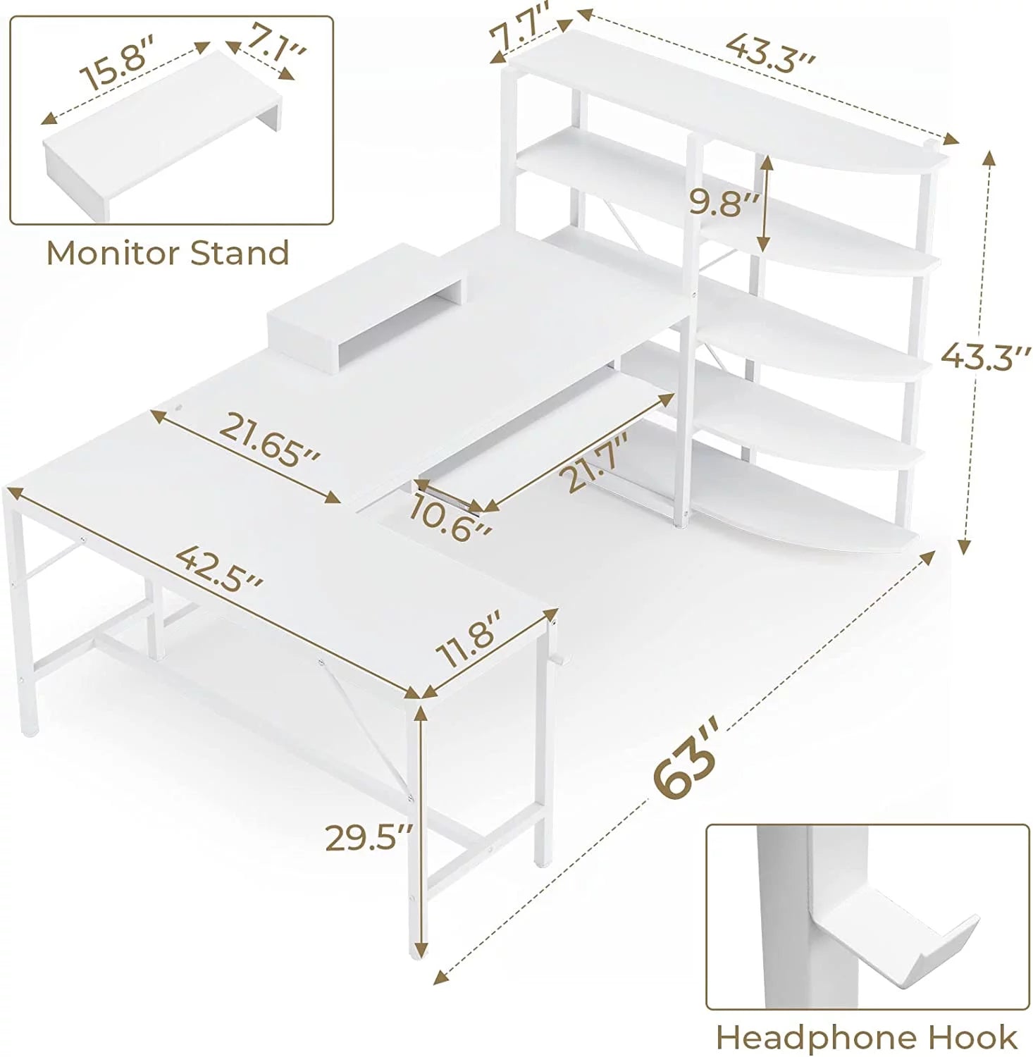 U-SHARE  L Shaped Computer Desk, 63'' Desk with Storage Shelves, Keyboard Tray, Monitor Stand and Headphone Hook, Corner Gaming Desk with LED Lights,