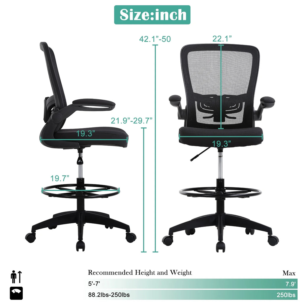 Drafting Chair for Standing Desk, Tall Office Chair with Flip-Up Arm& Foot Ring, Adjustable Height Ergonomic Mid-Back Mesh Drafting Stool, Executive Rolling Chair for Office Home, Black
