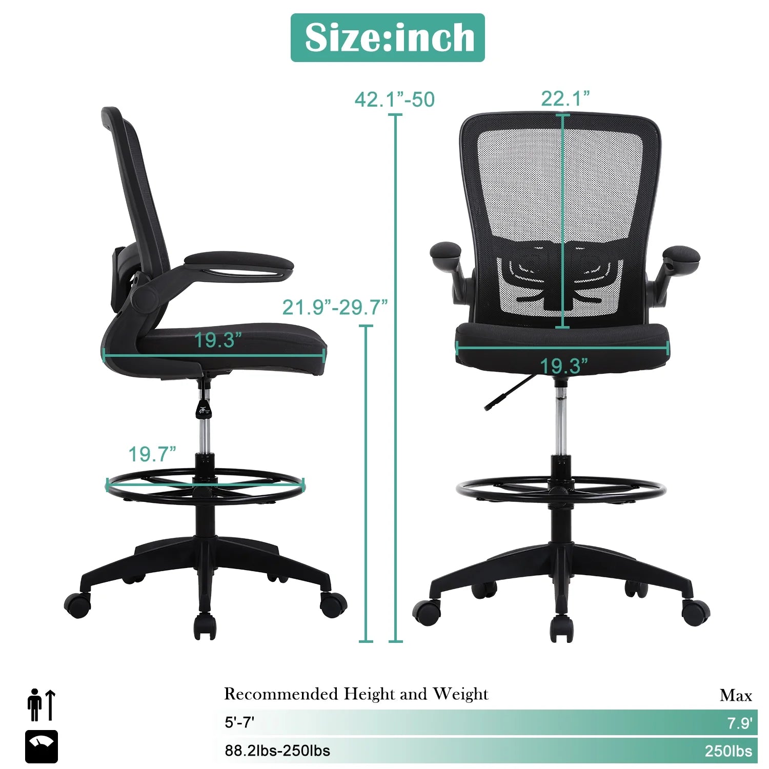 Drafting Chair for Standing Desk, Tall Office Chair with Flip-Up Arm& Foot Ring, Adjustable Height Ergonomic Mid-Back Mesh Drafting Stool, Executive Rolling Chair for Office Home, Black