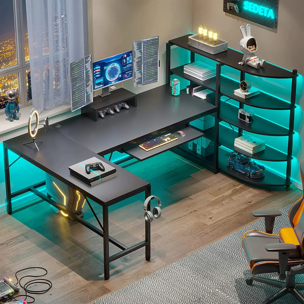 U-SHARE  L Shaped Computer Desk, 63'' Desk with Storage Shelves, Keyboard Tray, Monitor Stand and Headphone Hook, Corner Gaming Desk with LED Lights,