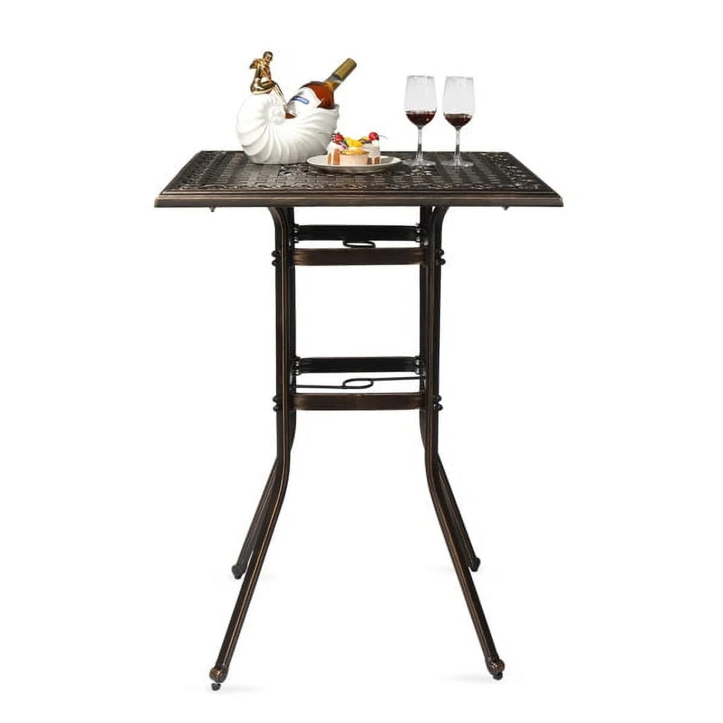 Outdoor Patio Bar Height Table, Square Cast Aluminium Bistro Table with Umbrella Hole, Tall Table for Porch Balcony Backyard Garden, Antique Bronze