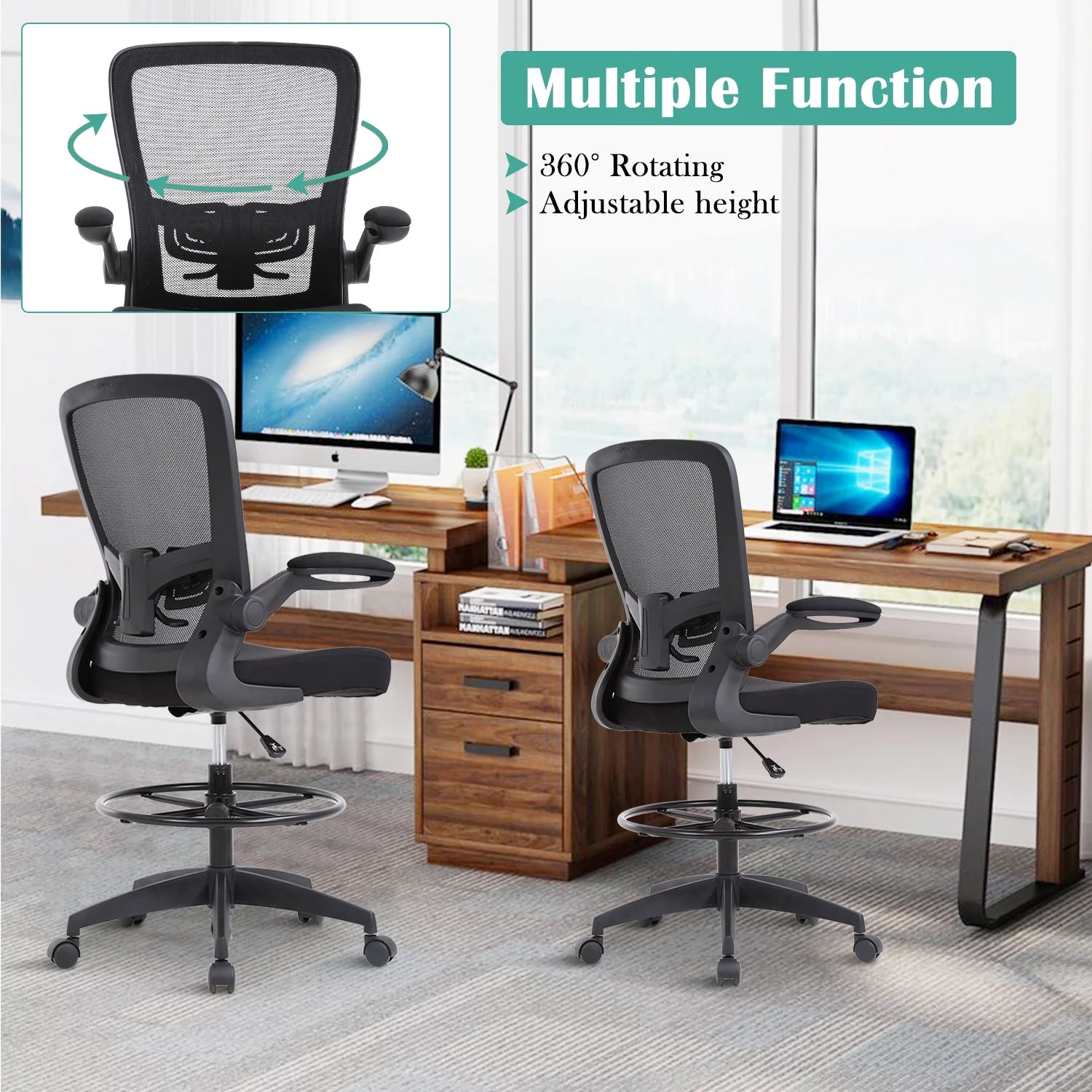 Drafting Chair for Standing Desk, Tall Office Chair with Flip-Up Arm& Foot Ring, Adjustable Height Ergonomic Mid-Back Mesh Drafting Stool, Executive Rolling Chair for Office Home, Black