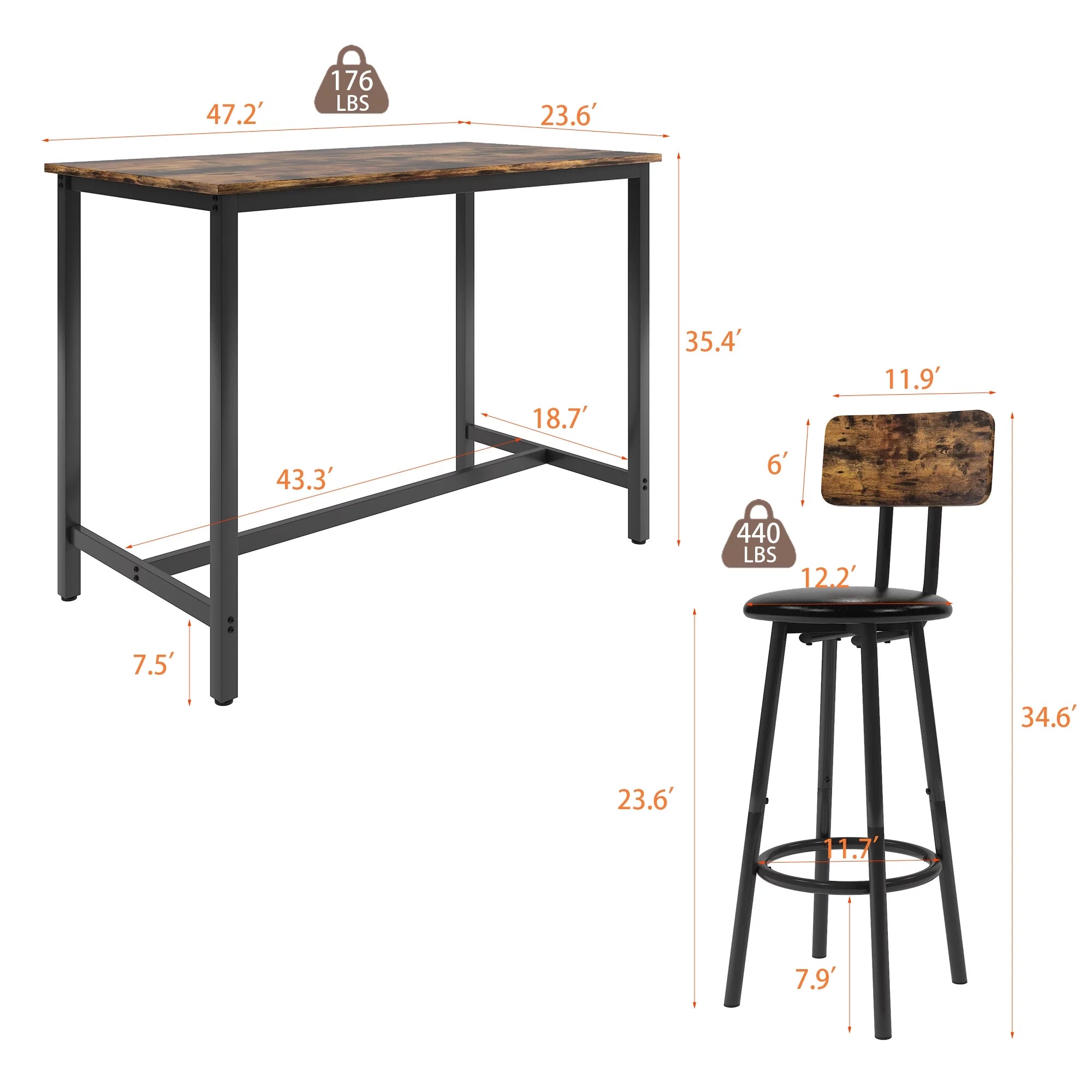 5 Piece Bar Table Set, Modern Counter Height Dining Set, Home Dining Table and Chairs Set for 4, Kitchen Breakfast Table Set with 4 Cushioned Stools, Bistro Pub Table Set, Rustic Brown