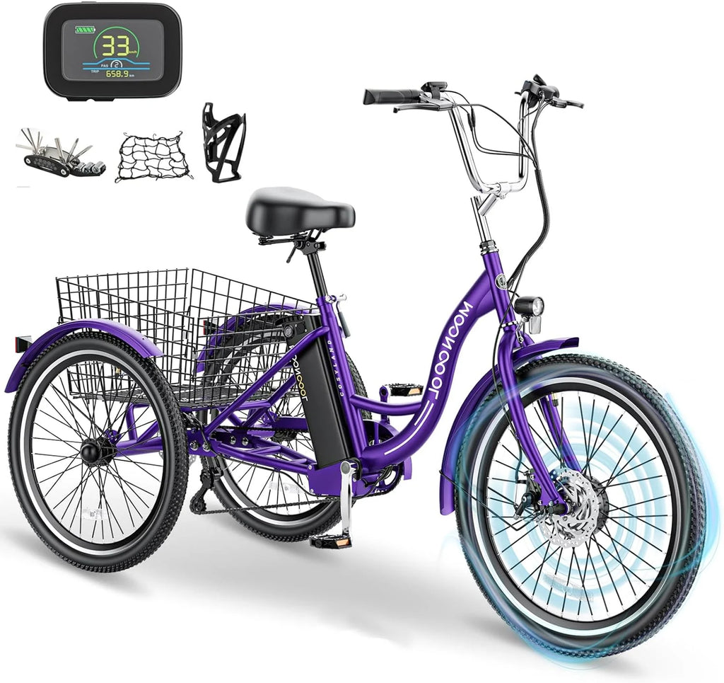 Mooncool 24" 26" 3 Wheel Electric Tricycle for Adults, 350W 36V 7 Speeds Motorized Electric Trike Three Wheel Electric Bikes Bicycle with Large Basket & Accessories for Women Men