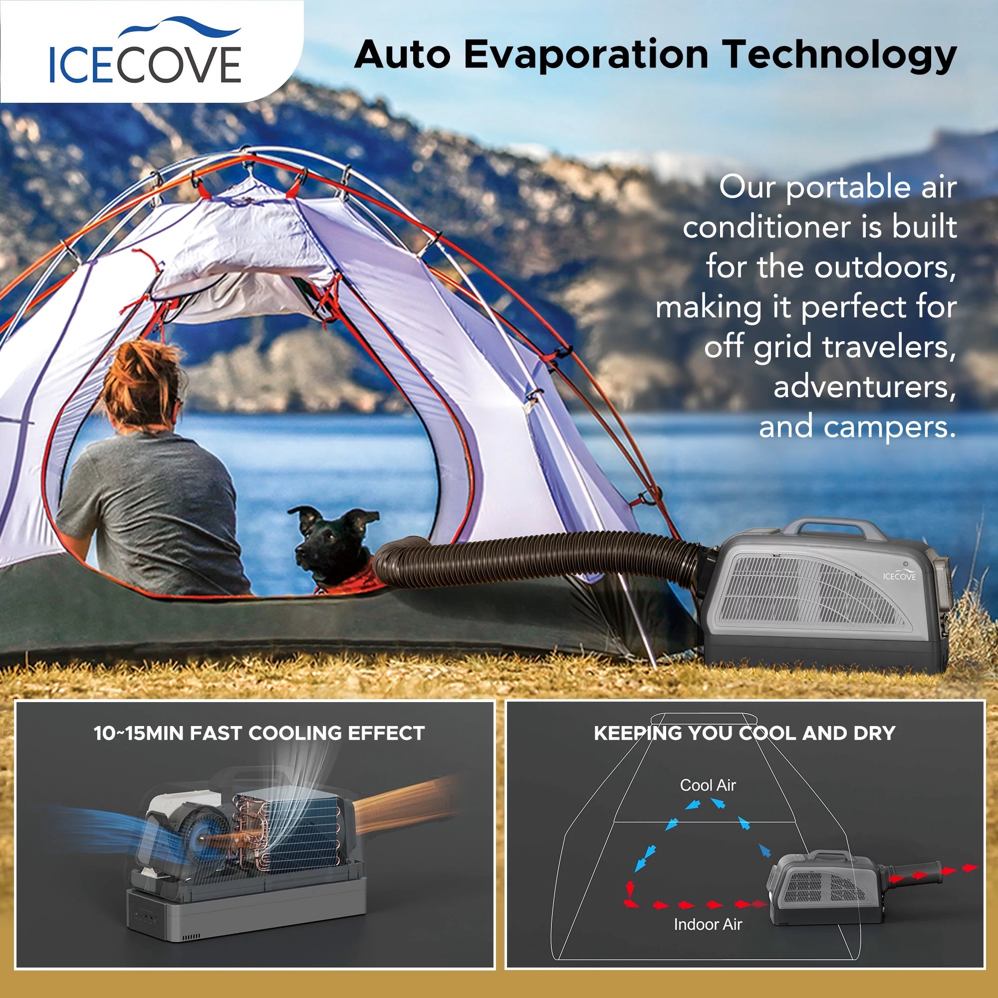 Sunjoy Portable Air Conditioner with 1 Battery and Solar Panel, Indoor/Outdoor AC Unit 2500 BTU, Car Conditioner, Camping, Gray