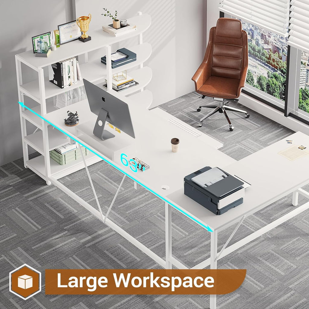 U-SHARE  L Shaped Computer Desk, 63'' Desk with Storage Shelves, Keyboard Tray, Monitor Stand and Headphone Hook, Corner Gaming Desk with LED Lights,