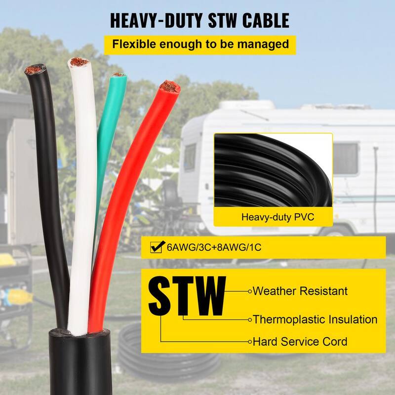 25 ft. 6/3 plus 8/1 Extension Cord Indoor/Outdoor Generator Power Cord STW 50 Amp NEMA 14-50P No-pin Type