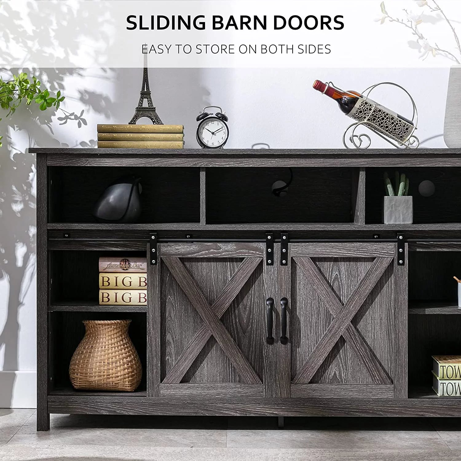 4 Layer Farmhouse Coffee Bar Cabinet With Power Outlet & LED Light, 57" Barn Door Buffet Cabinet Kitchen Storage With Adjustable Shelves(Brown)