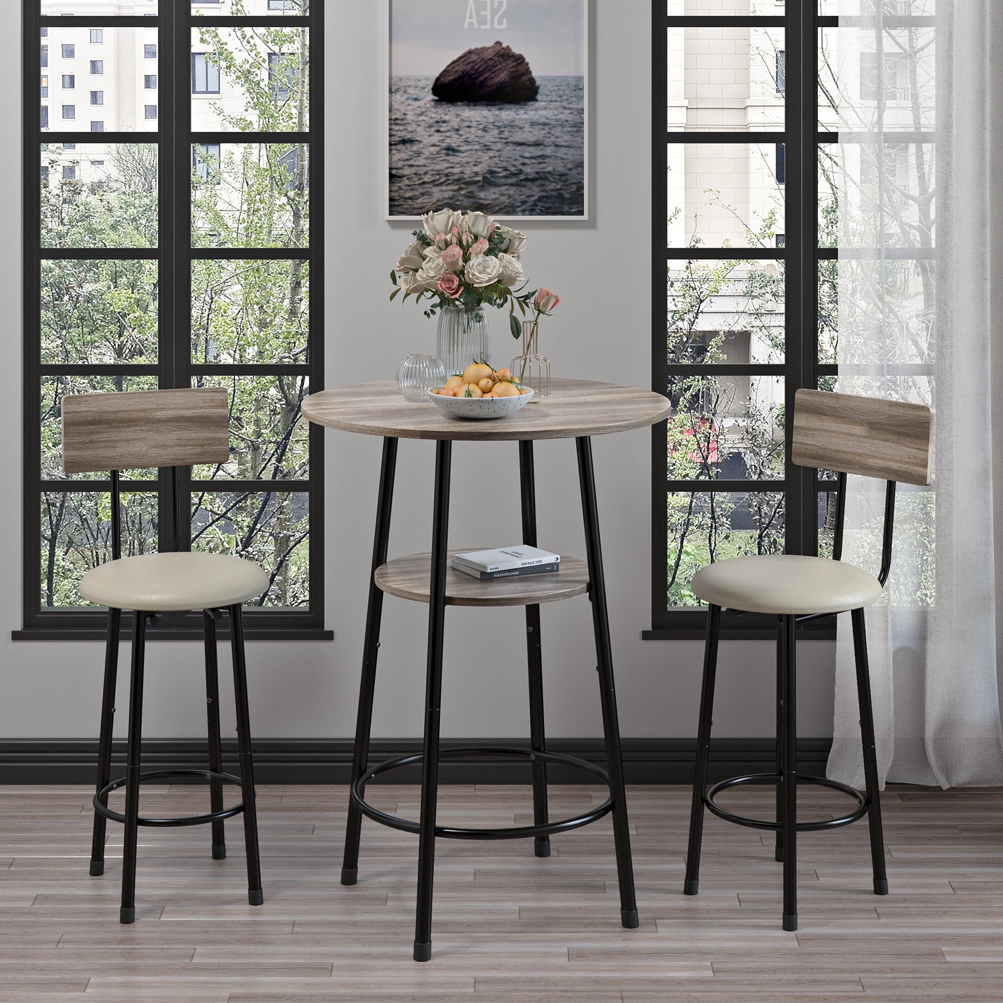 5 Piece Bar Table Set, Modern Counter Height Dining Set, Home Dining Table and Chairs Set for 4, Kitchen Breakfast Table Set with 4 Cushioned Stools, Bistro Pub Table Set, Rustic Brown
