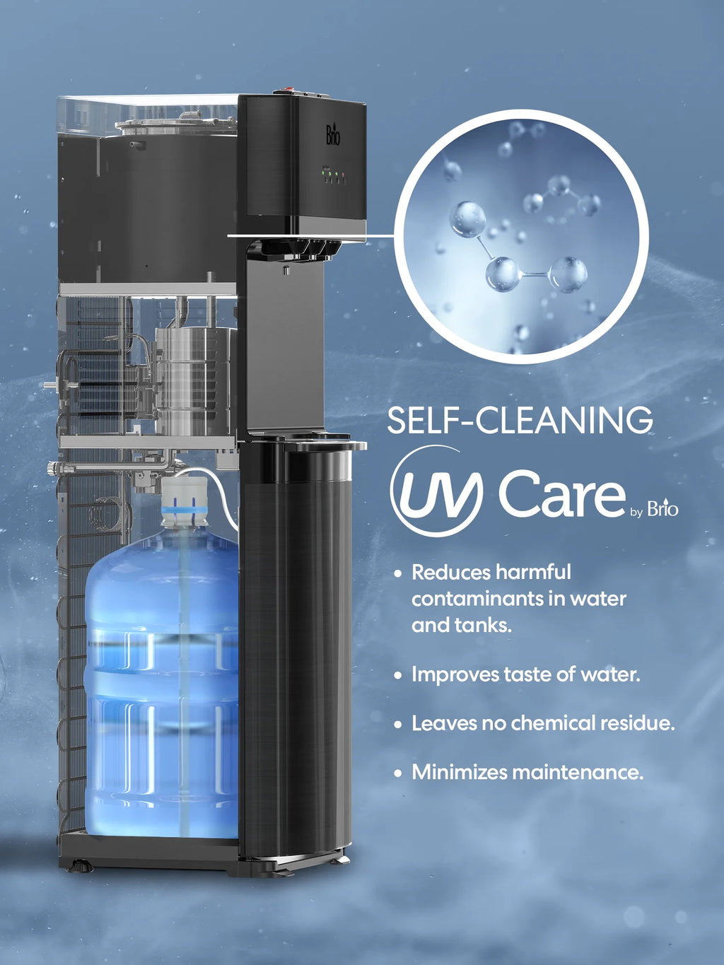 Brio 500 Series Self Cleaning Bottom Loading 3-5 Gallon Capacity Tri-Temperature Water Cooler Dispenser with Hot Water Up To 198 Degrees, Cold Water Down To 39 Degrees and Room Temperature Water