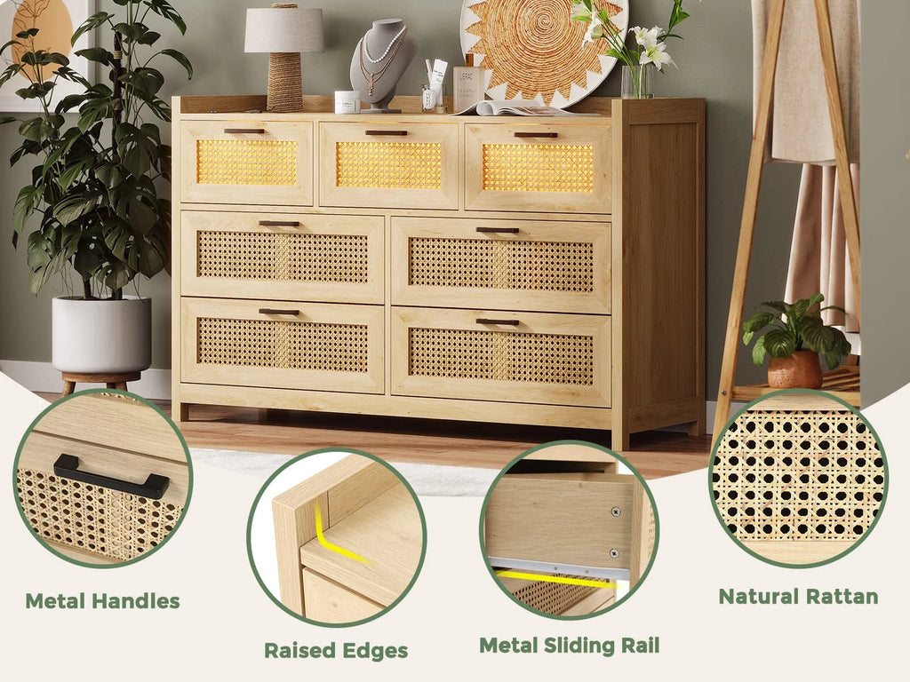 7 Drawer Dressers with LED Light, Natural Rattan Dresser for Bedroom, Hallway, Entryway