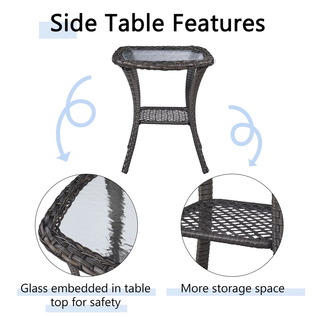 PARKWELL 3-Piece Outdoor Swivel Gliders with Side Table - Patio Wicker Bistro Furniture Set for Porch Deck Backyard - Blue Cushioned Swivel Rocking Chairs in Brown Wicker