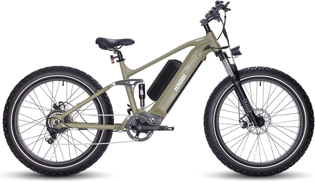 HAOQI Army Green Cheetah Electric Bike for Adults, 48V 25Ah Removable Dual Batteries Ebike, 750W Brushless Motor up to 28MPH, Shimano 7-Speed, 26" x 4.0 Fat Tire Full Suspension Mountain Bike