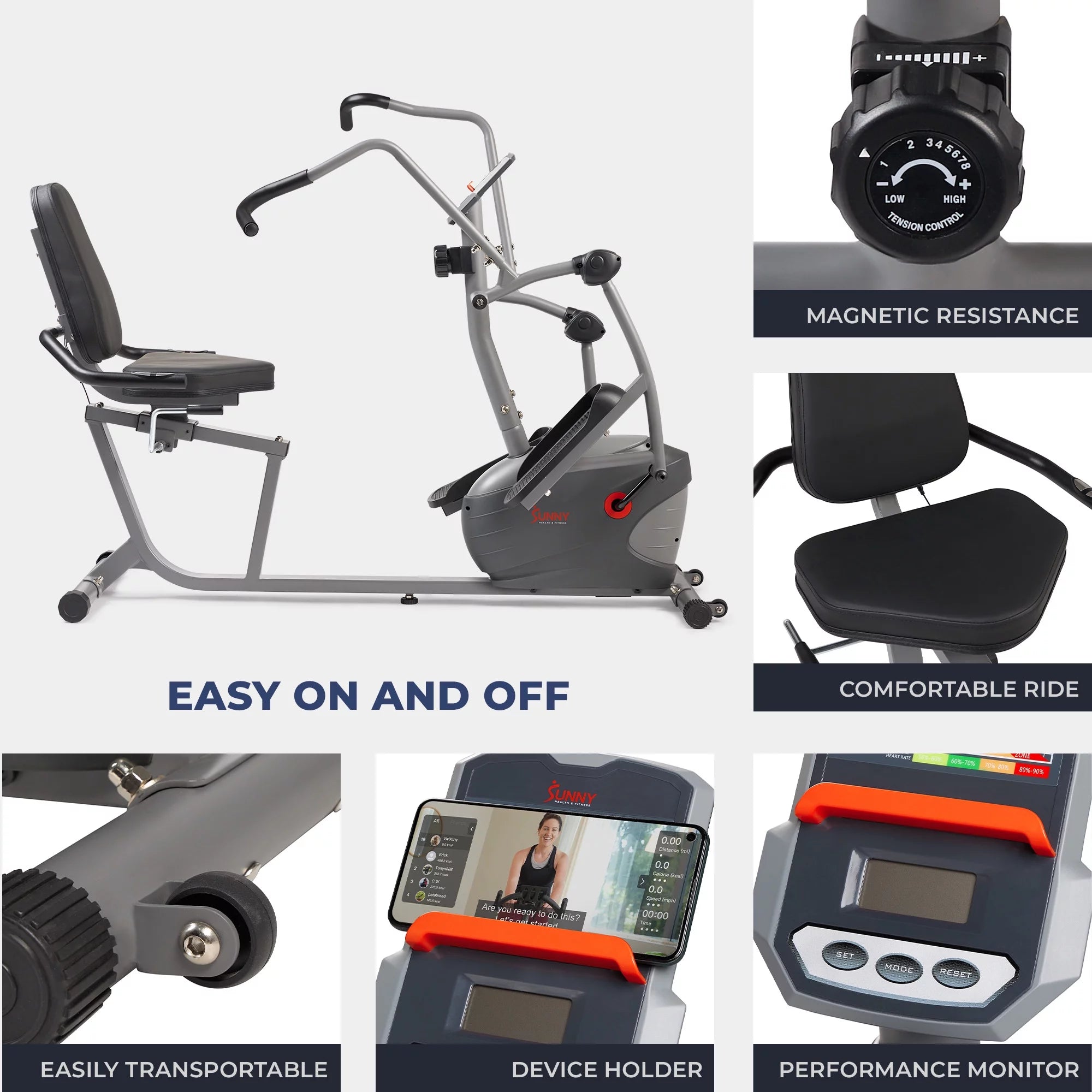 Sunny Health & Fitness Performance Recumbent Cross Trainer & Elliptical Bike with Dual Motion Arm Exercisers, Easy Access Seat & Exclusive SunnyFit® App Enhanced Bluetooth Connectivity - SF-RBE420035…